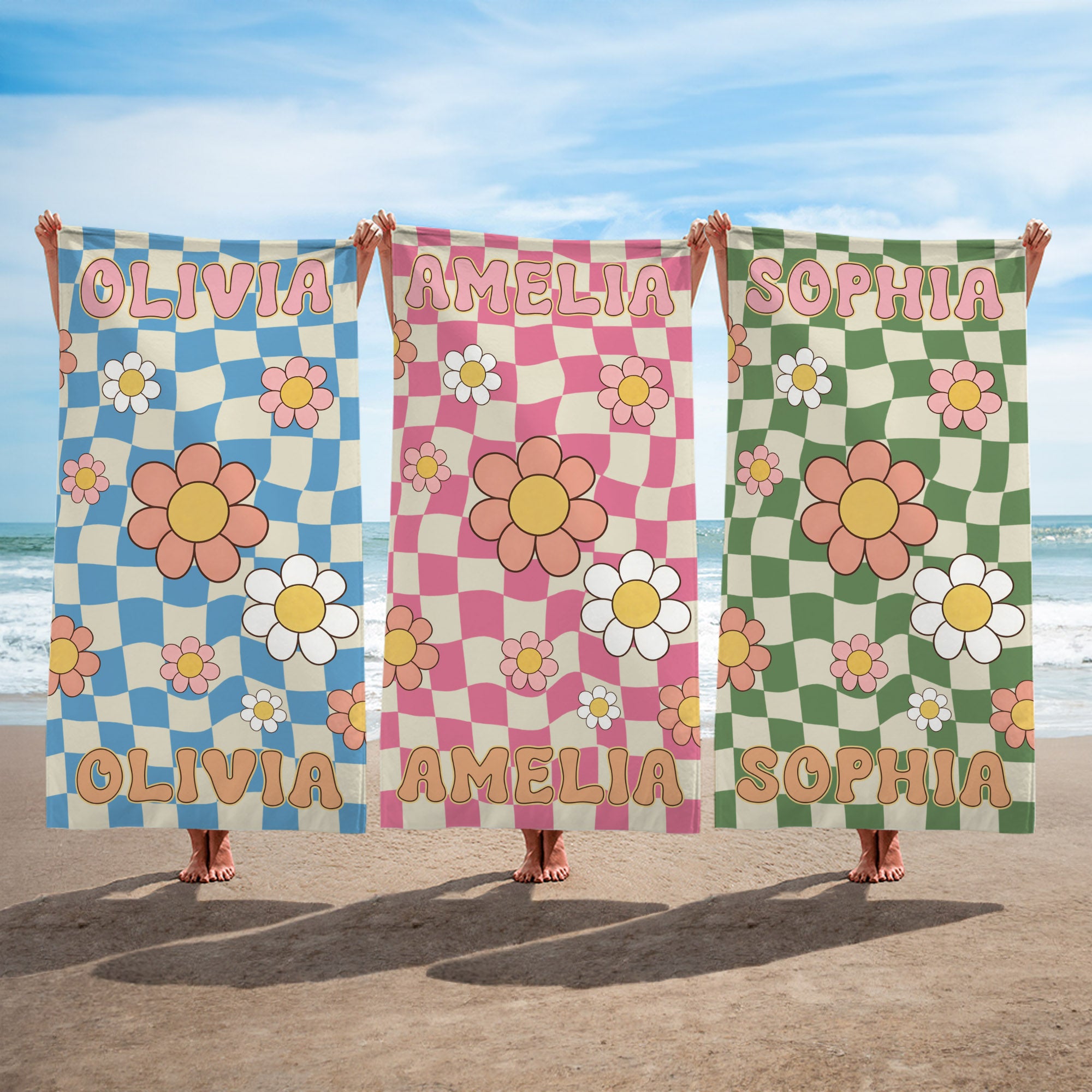 Toalla de playa personalizada de secado rápido con rejilla floral multicolor y nombre Esenciales de viaje Cumpleaños Vacaciones de verano Fiesta Regalo para mujer