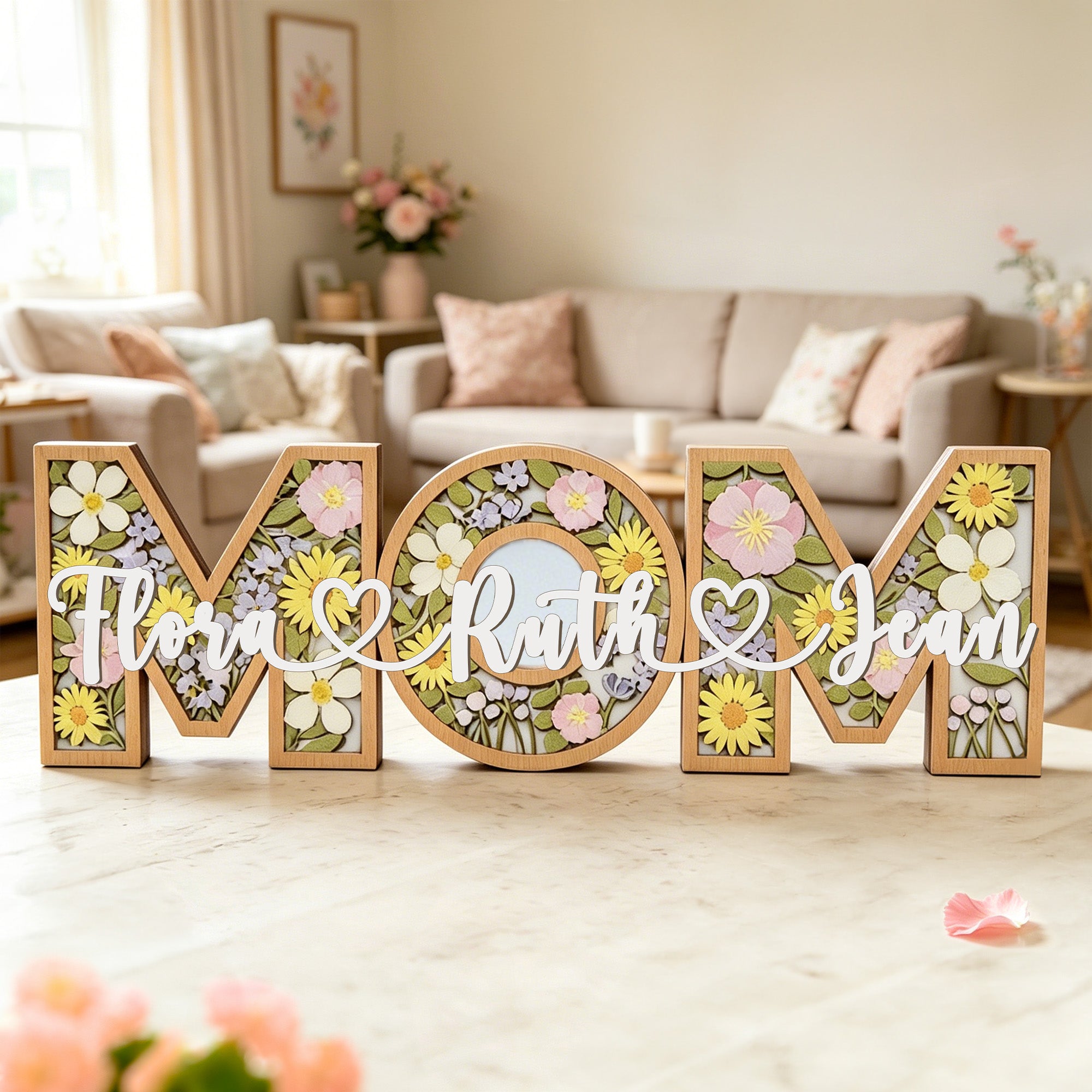 Letrero Floral de Madera Personalizado para Mamá con Nombres Decoración del Hogar Día de la Madre Regalo de Cumpleaños para Mamá