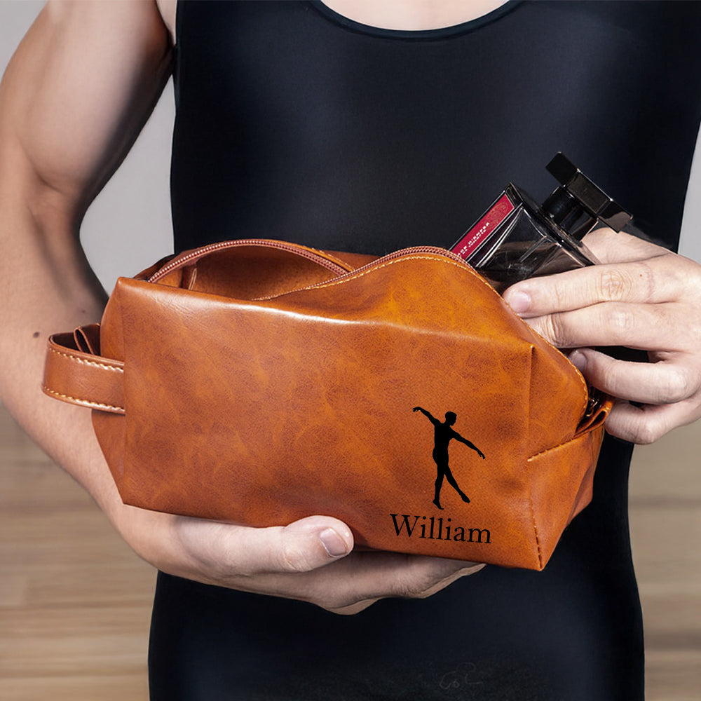 Silueta de ballet personalizada Neceser de piel impermeable con nombre y asa portátil Esenciales de viaje Regalo de cumpleaños para hombre Danza