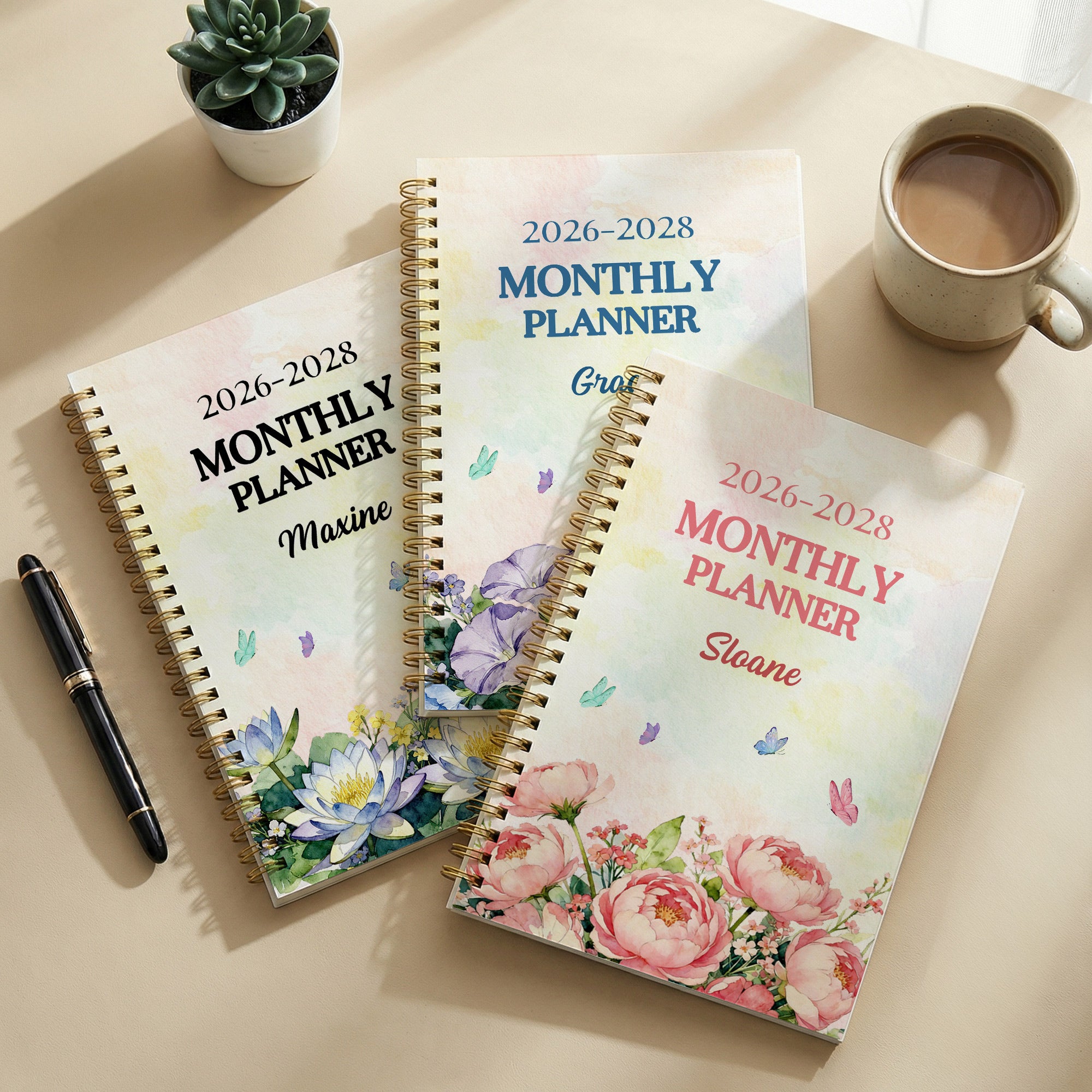 Planificador personalizado Flor de nacimiento Mariposa 2026-2028 Cuaderno espiral A5 con nombre y páginas mensuales Planificador Regalo de cumpleaños para mujer