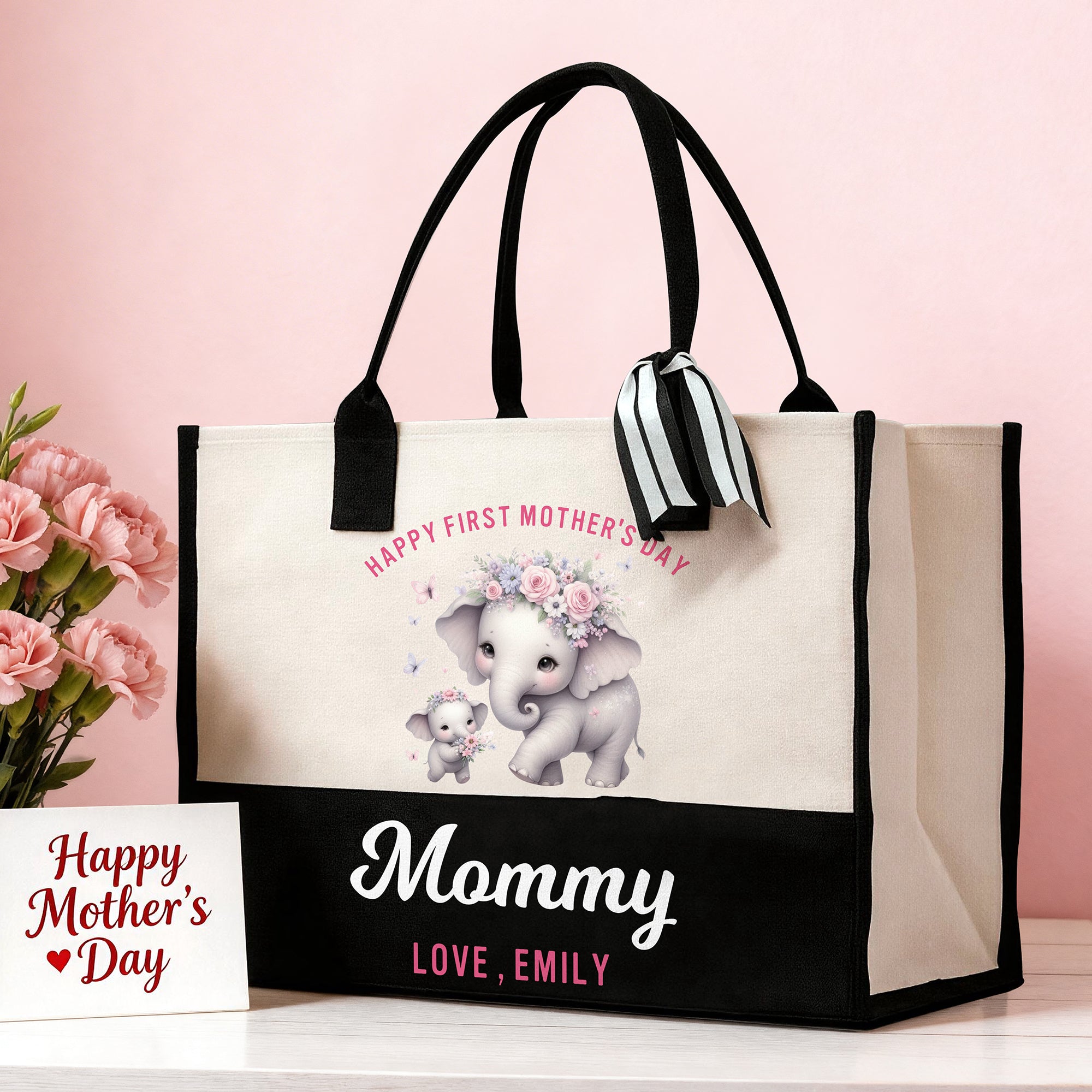 Personalizado lindo elefantes Flor de gran capacidad Bolsa de lona con nombre y texto Primer Día de la Madre Cumpleaños de regalo para mamá abuela