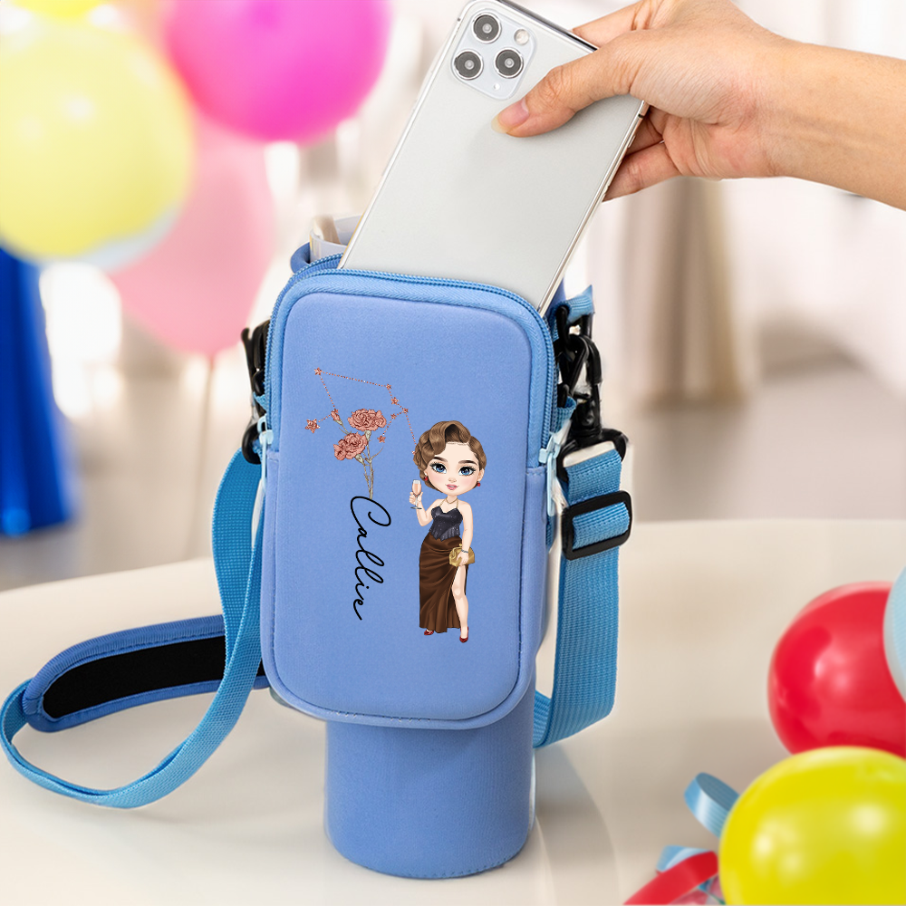 Bolsa de transporte de botellas de agua personalizada con flores del zodiaco y personajes de dibujos animados para vasos Stanley de 40 oz con correa ajustable Regalo del Día de la Madre para mamá