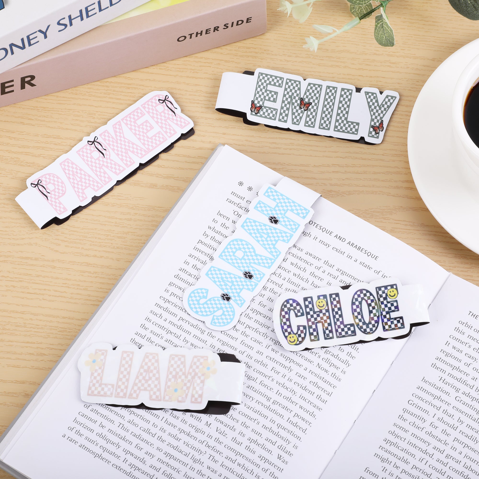 Clip magnético impermeable personalizado para marcapáginas con nombre a cuadros Regalo de vuelta al cole para profesor estudiante amante de los libros
