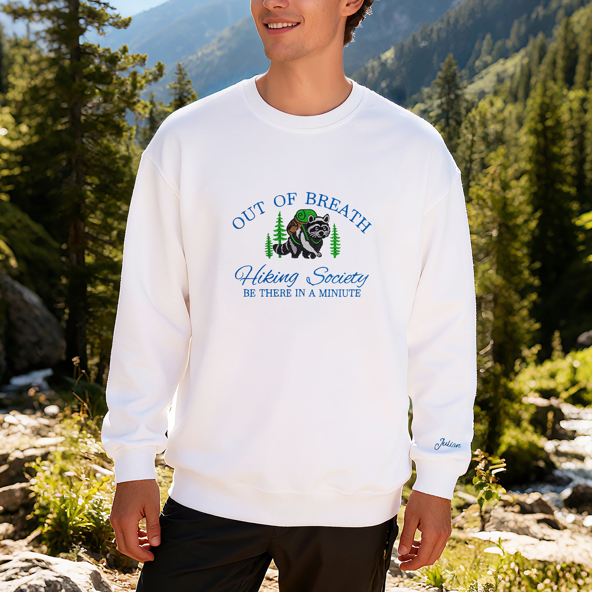 Personalizada Mapache Bordado Multicolor Camiseta Sudadera Sudadera con Capucha con Nombre Senderismo Regalo de Cumpleaños para Entusiastas del Senderismo