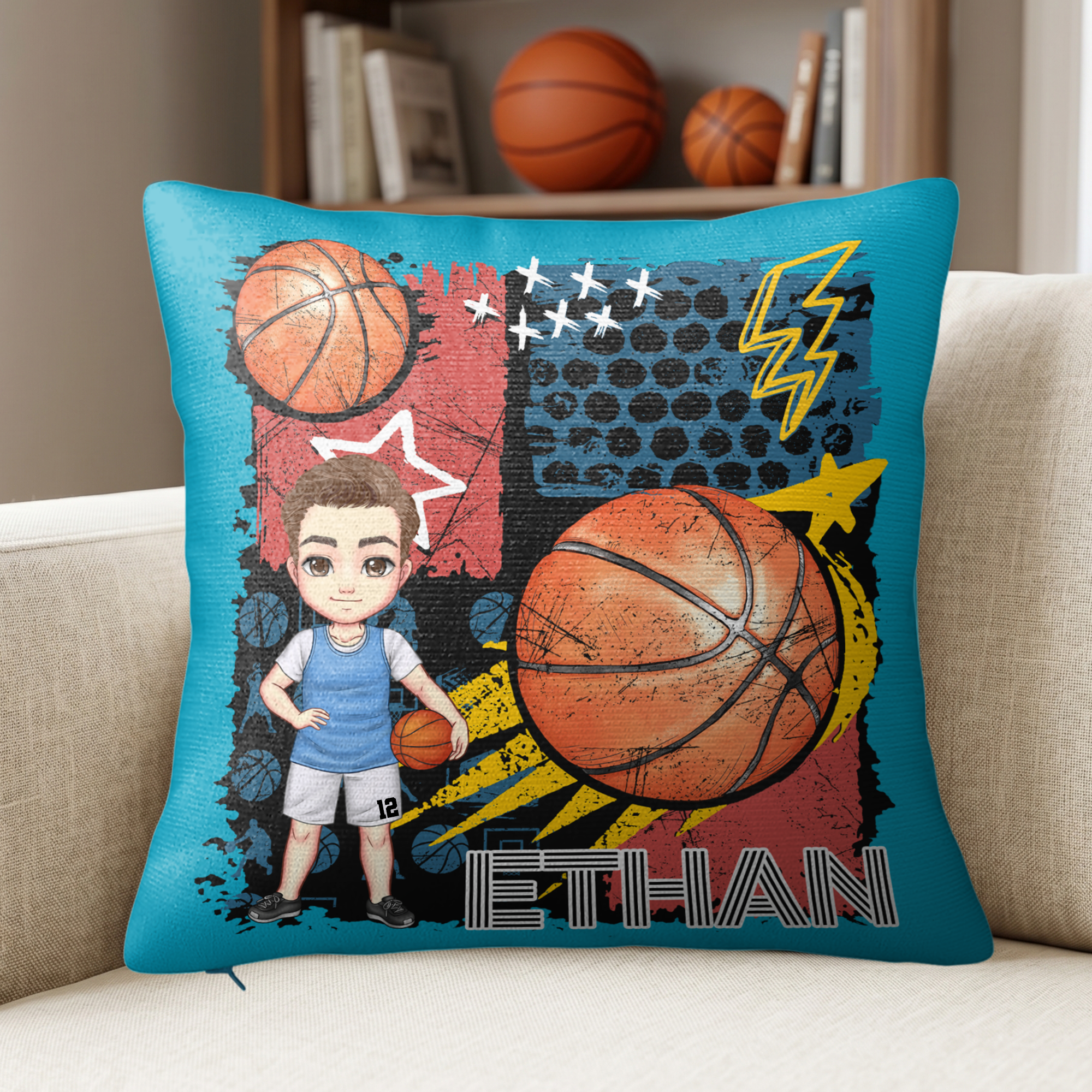 Funda de almohada personalizada con el nombre de un personaje de baloncesto de dibujos animados Graffiti