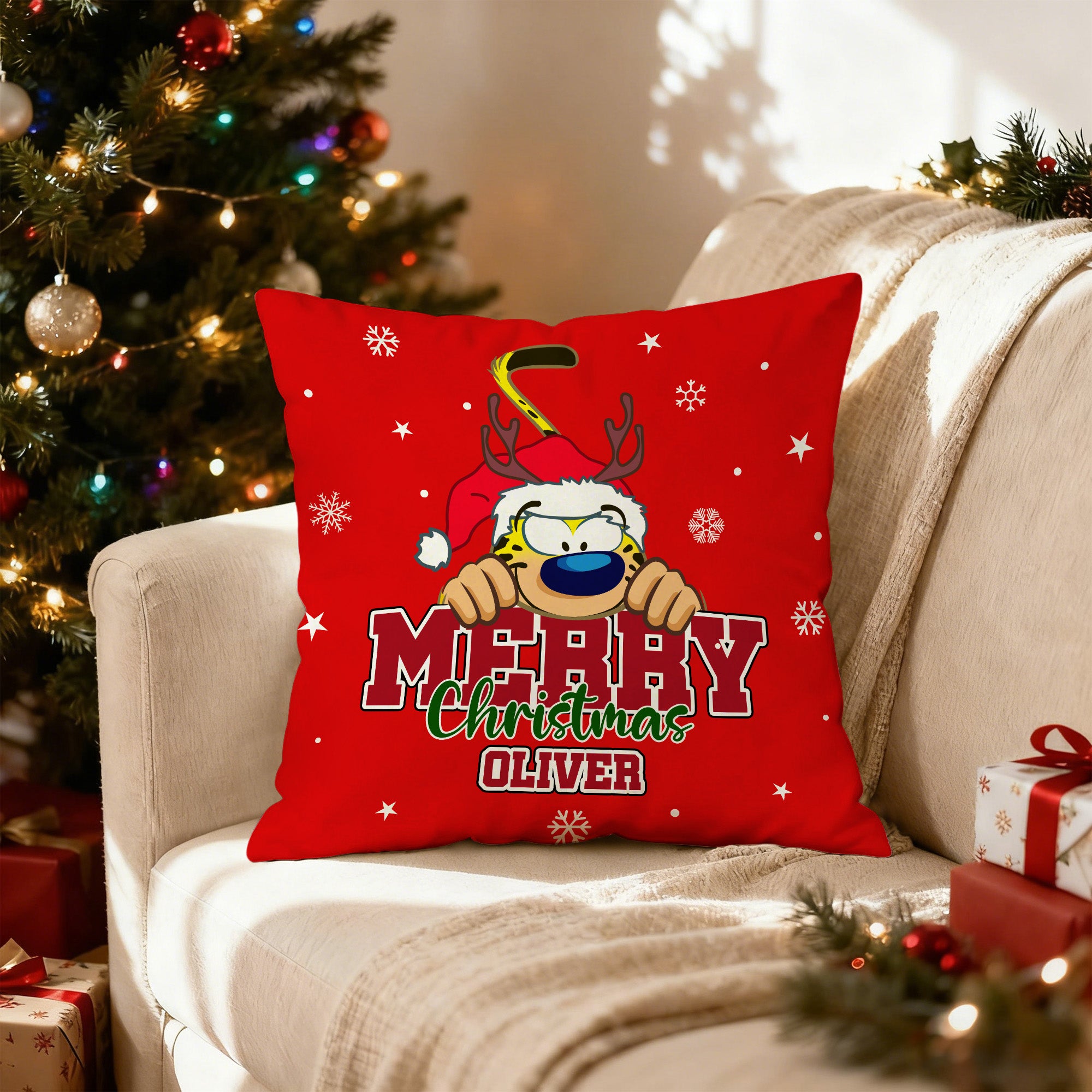Marsupilami® Funda de Almohada Personalizada de Navidad con Nombre y Manchas Amarillas de Leopardo para Niños | Callie × Marsupilami