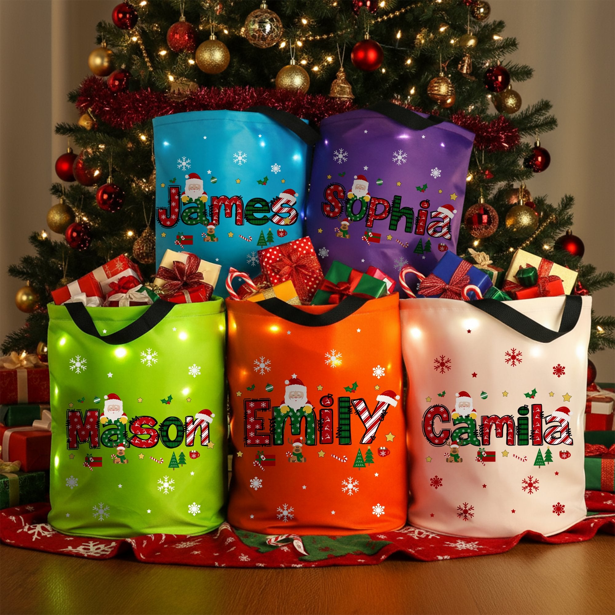 Personalizado lindo Santa Claus tema de la Navidad alfabeto LED Luz bolsa de cubo con el nombre de regalo de Navidad para los niños