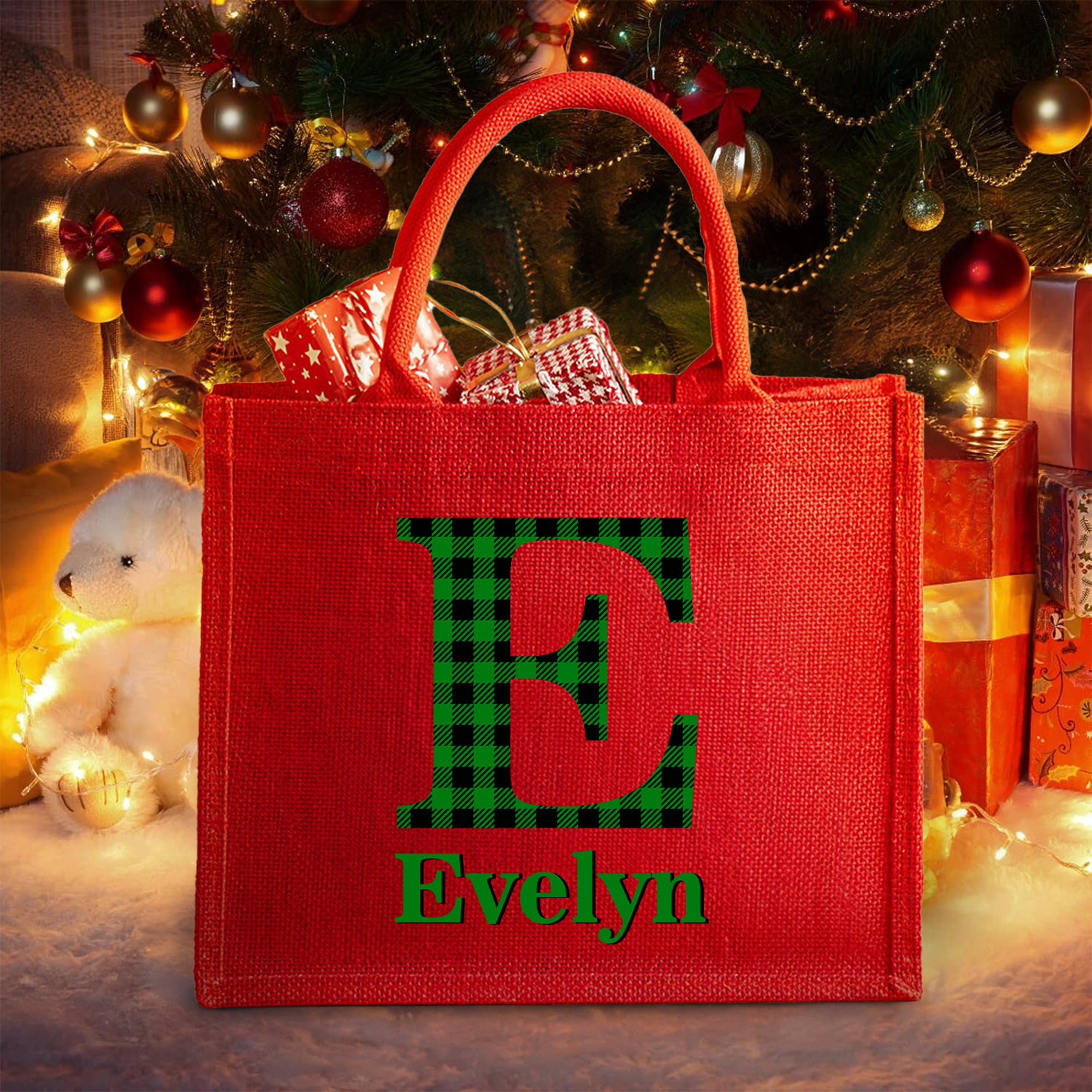 Bolsa de Yute Roja Personalizada de Yute con Nombre para Fiesta de Navidad Regalo para Niños Familia