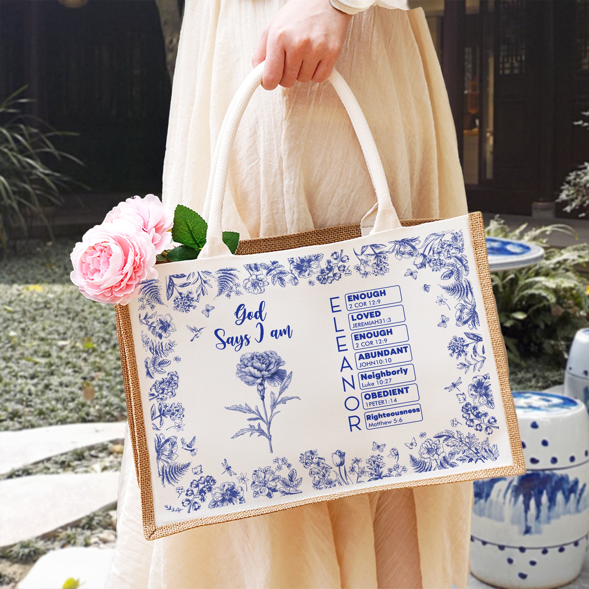 Personalizada Toile De Jouy Nacimiento Flor Biblia Capítulo Nombre Gran Capacidad Yute Bolsa Tote Bautizo Cumpleaños Navidad Regalo para Mujeres Cristianas
