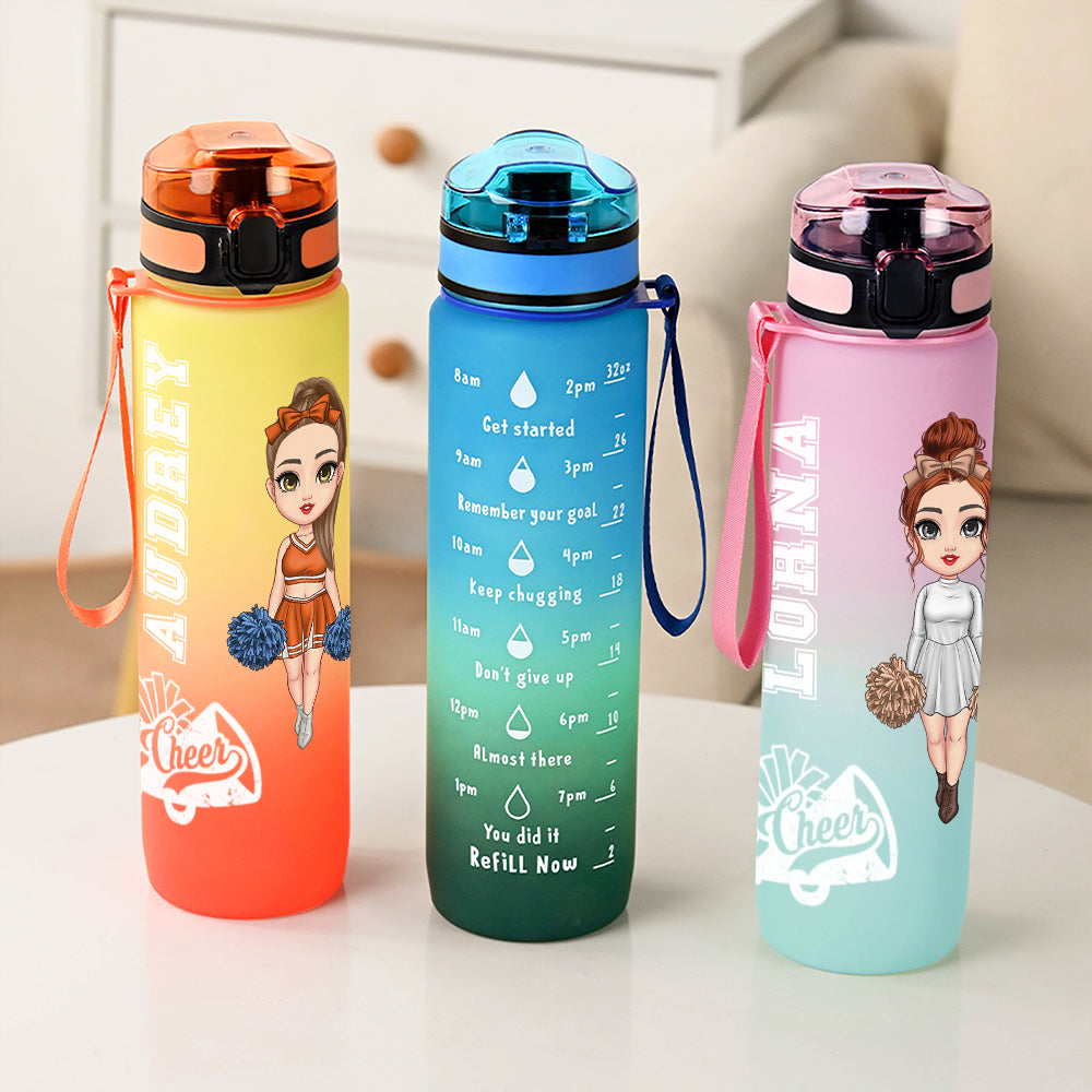 Botella de Agua Deportiva Motivacional Personalizada para Chica Animadora con Nombre y Marcador de Tiempo Regalo de Cumpleaños para Día de Juegos Deportivos para Animadora
