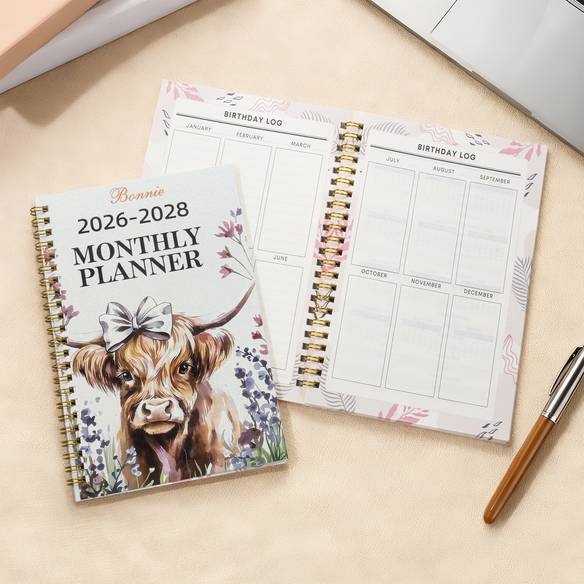 Acuarela Personalizada Highland Vaca Nombre 2026-2028 Espiral Planificador Cuaderno con Páginas Planificador Mensual Cumpleaños Año Nuevo Regalo para la Familia Amigos
