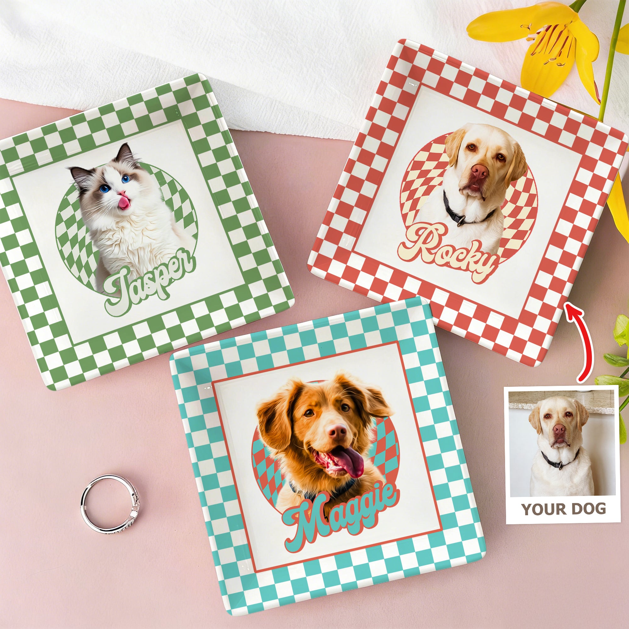Personalizada pintura al óleo estilo de la foto del animal doméstico Cuadrado de cerámica plato de joyería con el nombre de mascotas Memorial Day Gift for Pet Owners Lovers