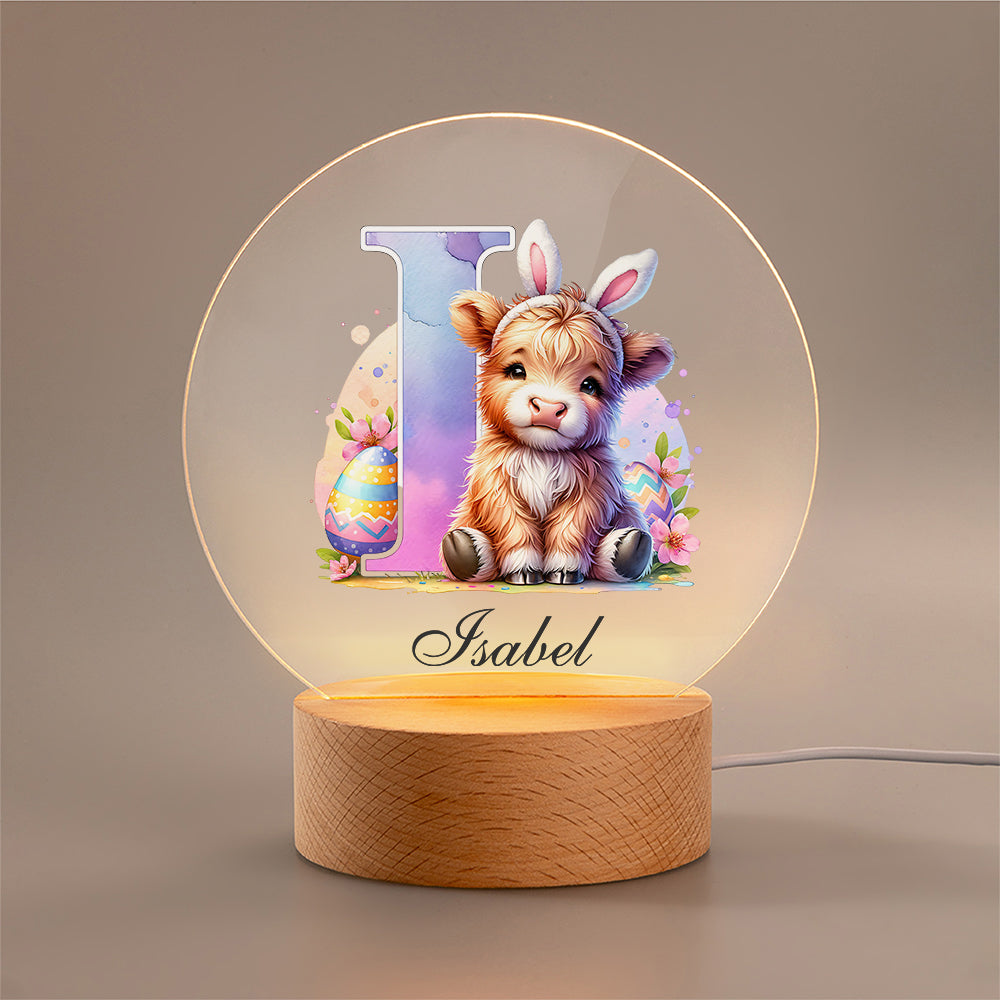 Conejito con Orejas Personalizado Highland Vaca Huevo de Pascua LED Luz de Noche con Nombre y Base de Madera Decoración de Guardería Regalo de Pascua para Niños