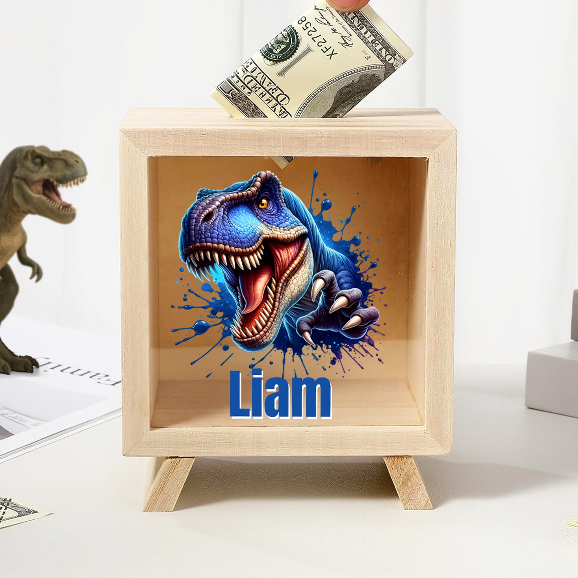 Hucha transparente personalizada con nombre de dinosaurio salpicado de tinta Regalo de cumpleaños para niños amantes de los dinosaurios