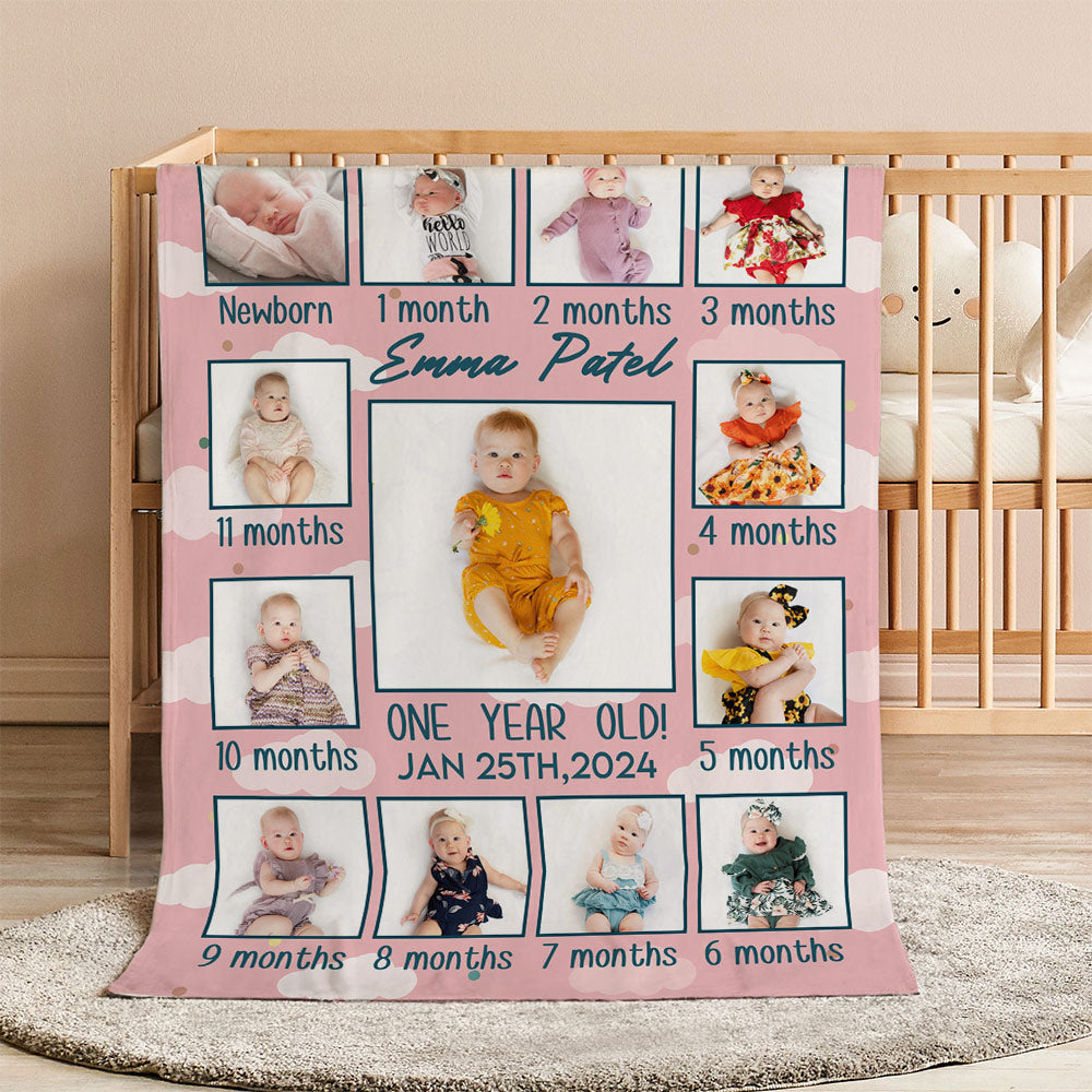 Personalizado 1-12 meses bebé fotos suave manta con nombre y fecha decoración de la habitación regalo de cumpleaños para el bebé