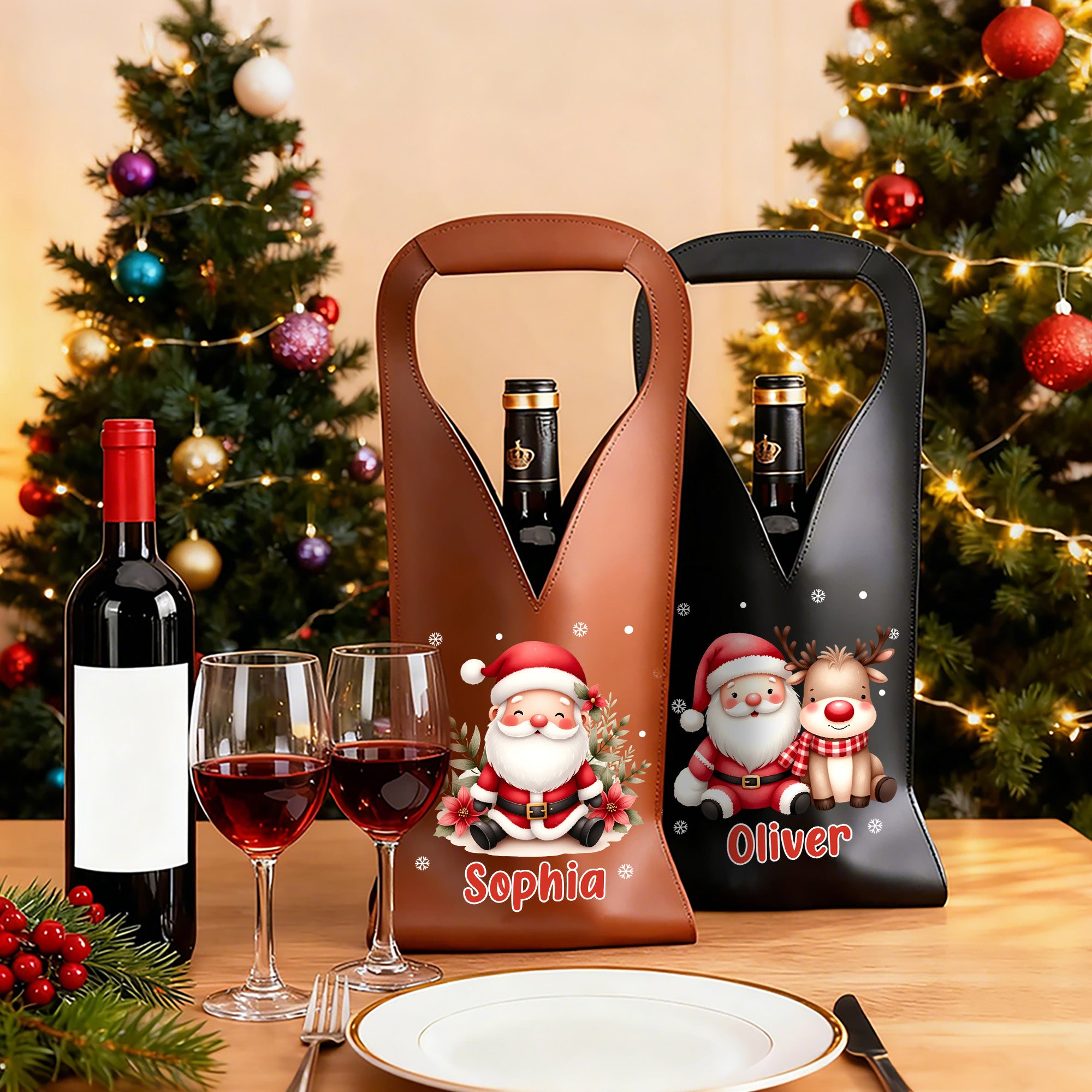 Bolsa protectora personalizada de piel de PU con nombre y asa de Papá Noel para vino Regalo de Navidad para los amantes del vino