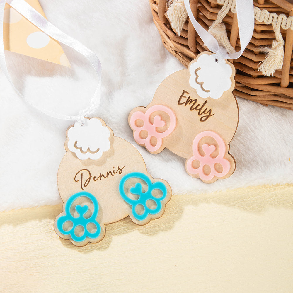 Personalizado lindo conejito trasero cola pies etiqueta de madera con nombre grabado y cinta blanca cesta de Pascua decoración del partido de regalo para los niños