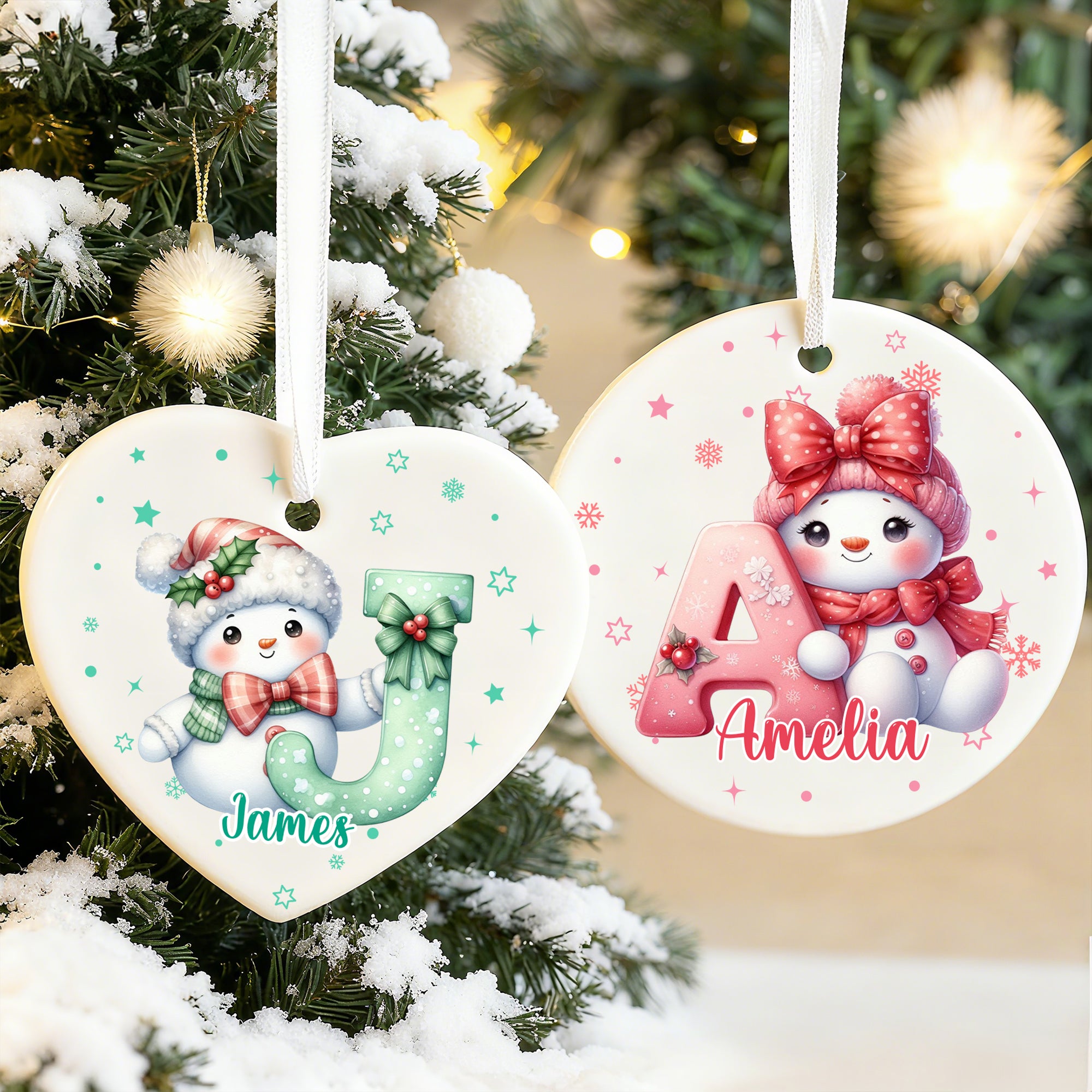 Personalizado Lindo Sombrero de Santa Claus de dibujos animados Muñeco de nieve Inicial Adorno de Navidad con Nombre Regalo de Navidad para Amigos Familia