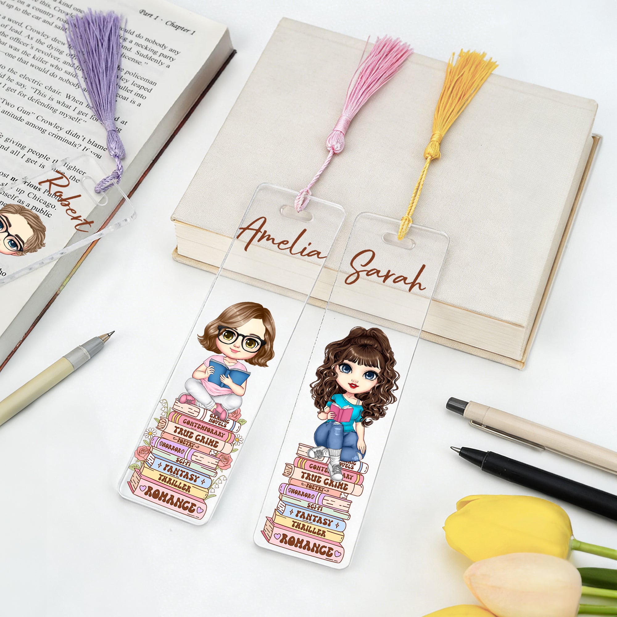 Marcapáginas de acrílico personalizado con nombre y borla Material de lectura Regalo de cumpleaños para amigo, familia y ratón de biblioteca