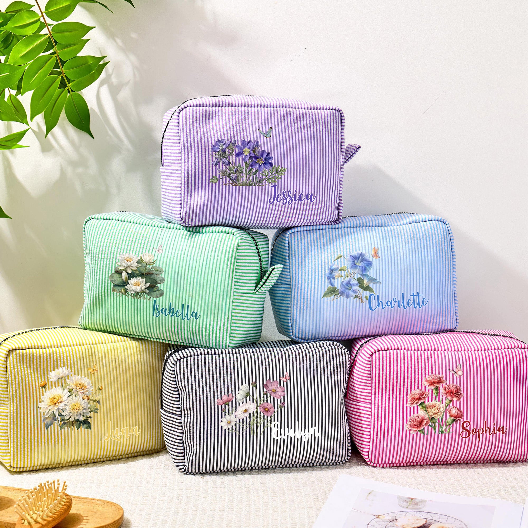 Personalizado Vintage Nacimiento Flor Rayas Multicolor Portátil Bolsa de Maquillaje con Nombre Viaje Diario Esenciales Cumpleaños Regalo para Mujeres