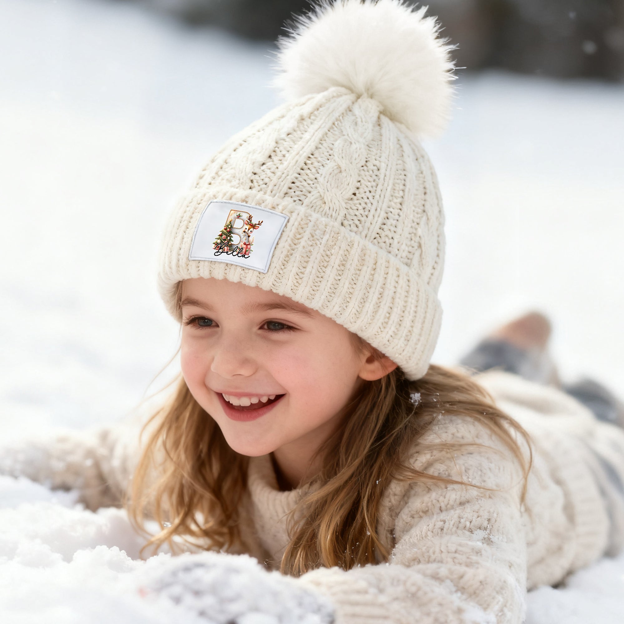 Gorro de Invierno con Inicial y Nombre Personalizado Reno Bonito Árbol de Navidad Multicolor Accesorio de Invierno Regalo de Cumpleaños para Niños Niñas