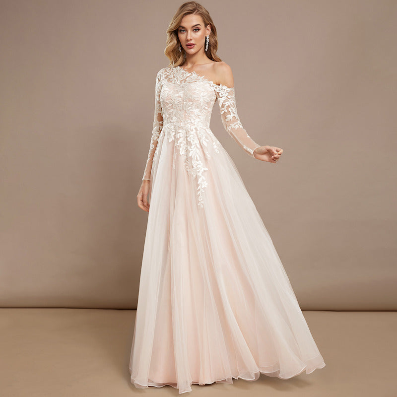 Bridal Wedding Dress Ivory-Nude Long Sleeve Long Asymmetrical A-line