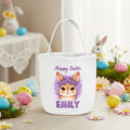 Cesta de Pascua de lona personalizada con conejo estampado de leopardo de gran capacidad con nombre Huevos de caza Fiesta de Pascua Regalo para el día de Pascua para niños