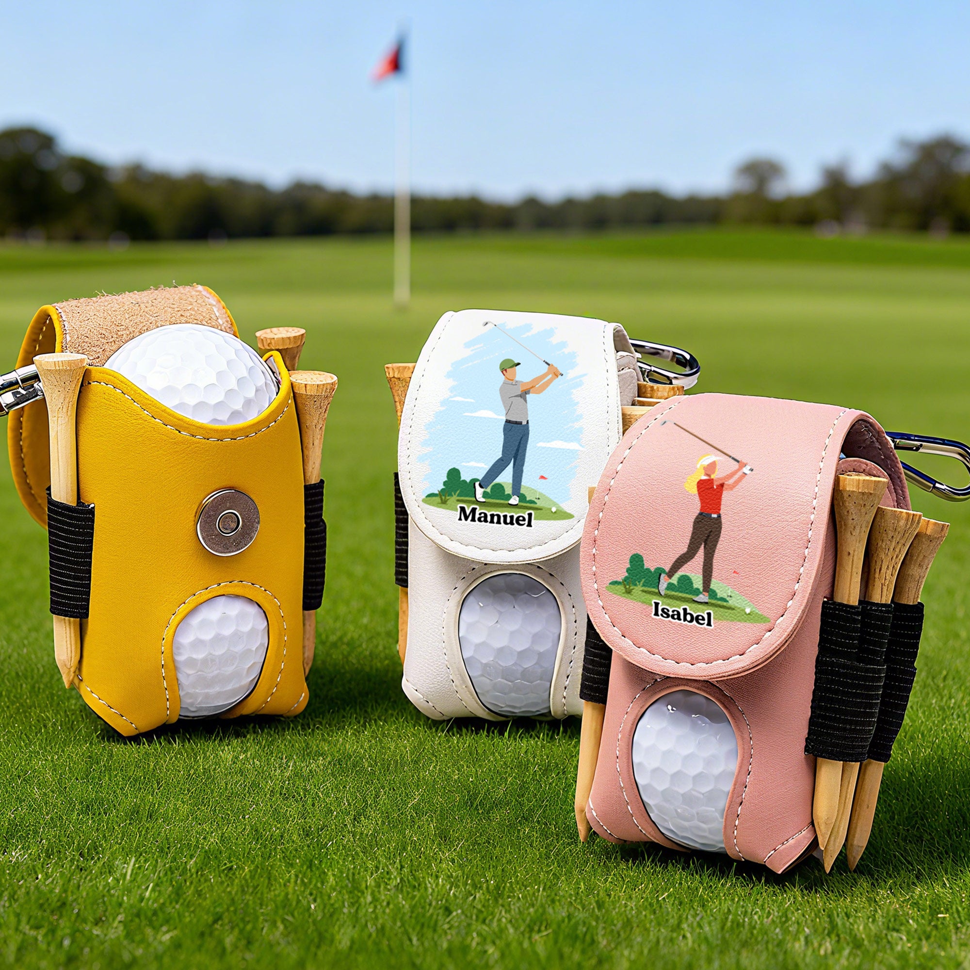 Funda personalizada para pelota de golf y tees de cuero PU con personaje de dibujos animados y nombre regalo de cumpleaños para jugadores de golf