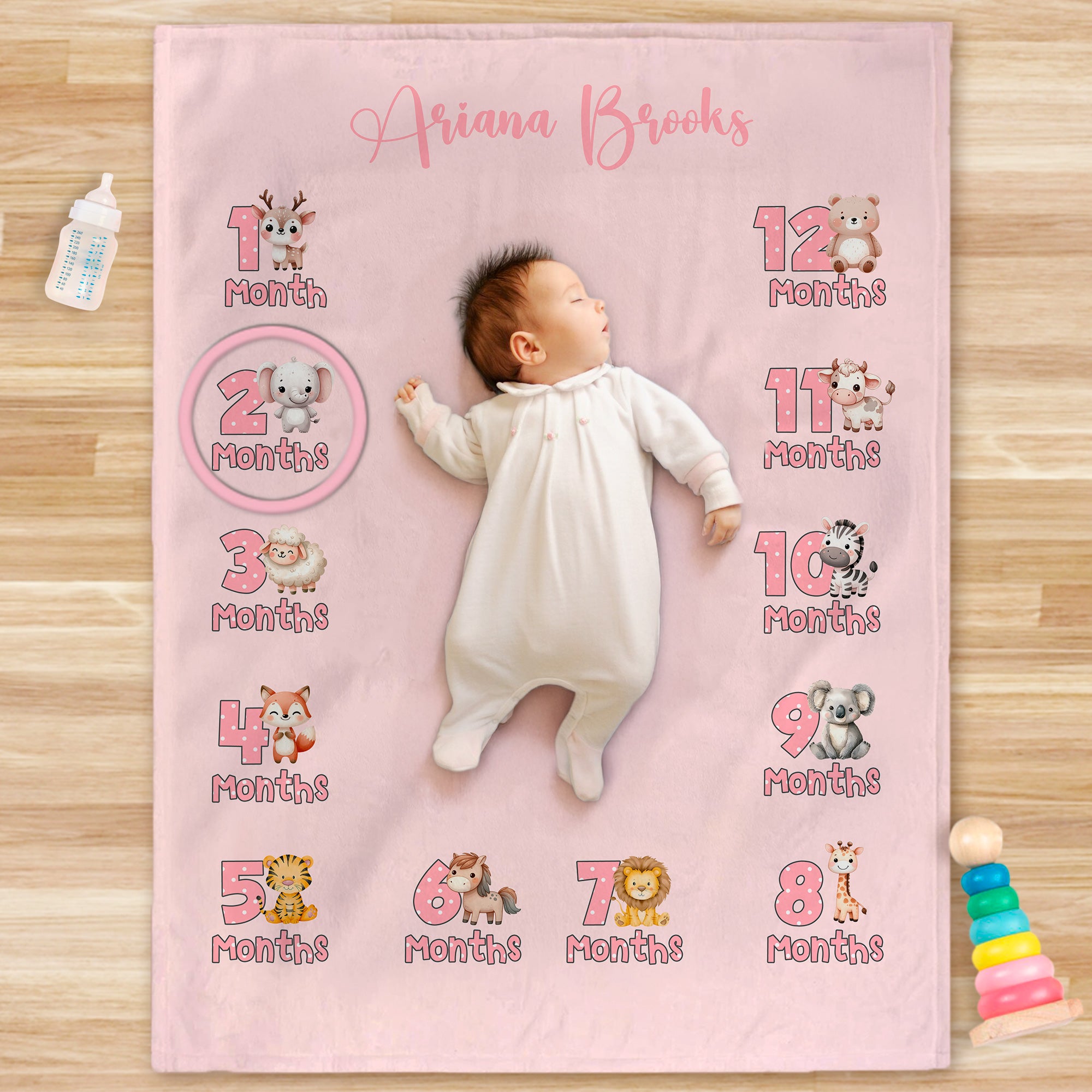 Manta personalizada con el nombre de un simpático animal que marca un hito mensual Regalo de Baby Shower para recién nacidos