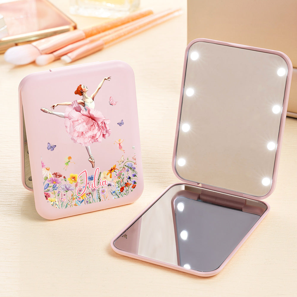 Personalizado Acuarela Ballet Niña Nacimiento Flor LED Doble Cara Compacto Espejo de Maquillaje con Nombre Accesorios de Viaje Regalo de Cumpleaños para Bailarina