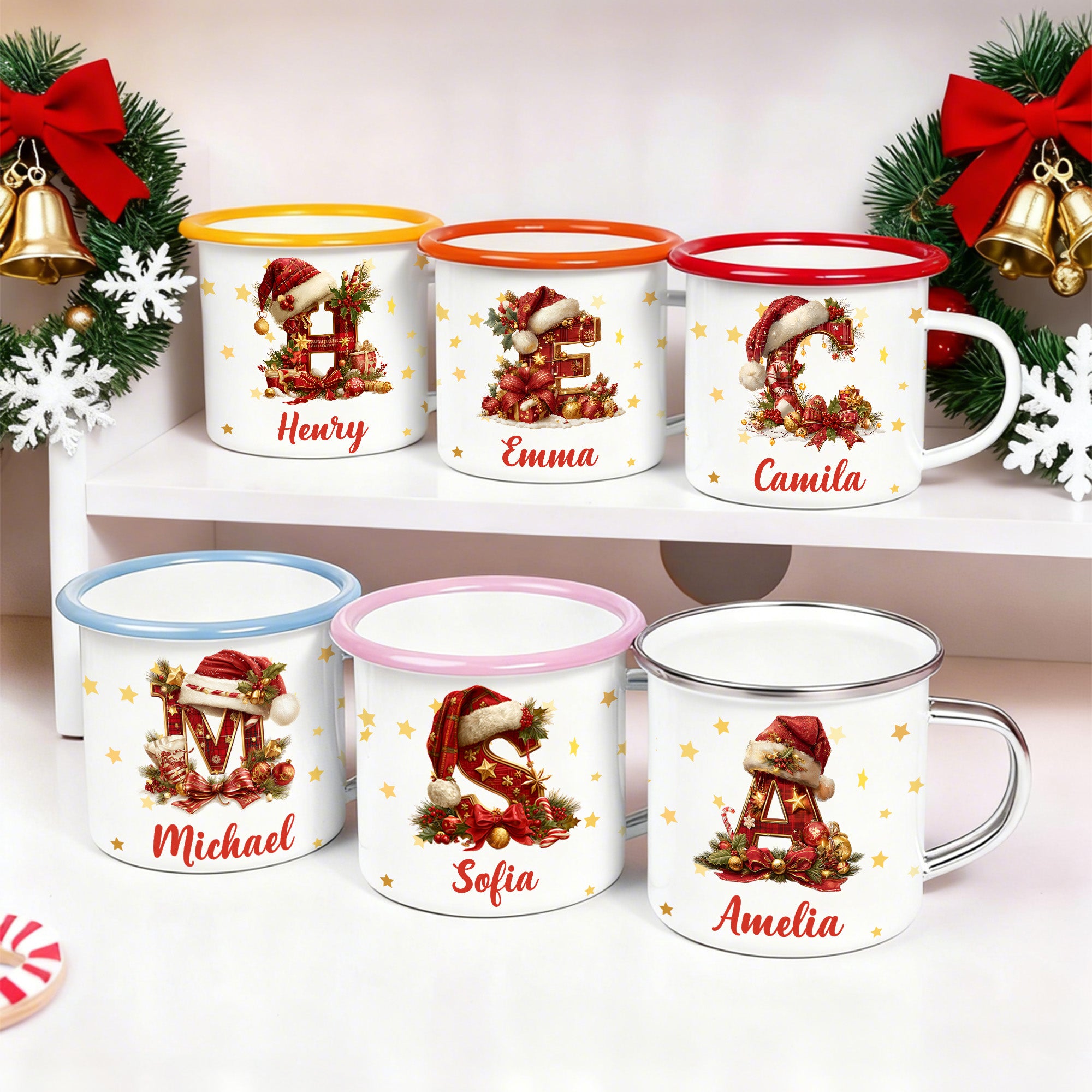 Taza esmaltada multicolor de 12 oz con el nombre de Papá Noel personalizada con diseño de acebo y bastón de caramelo Regalo de Navidad para niños