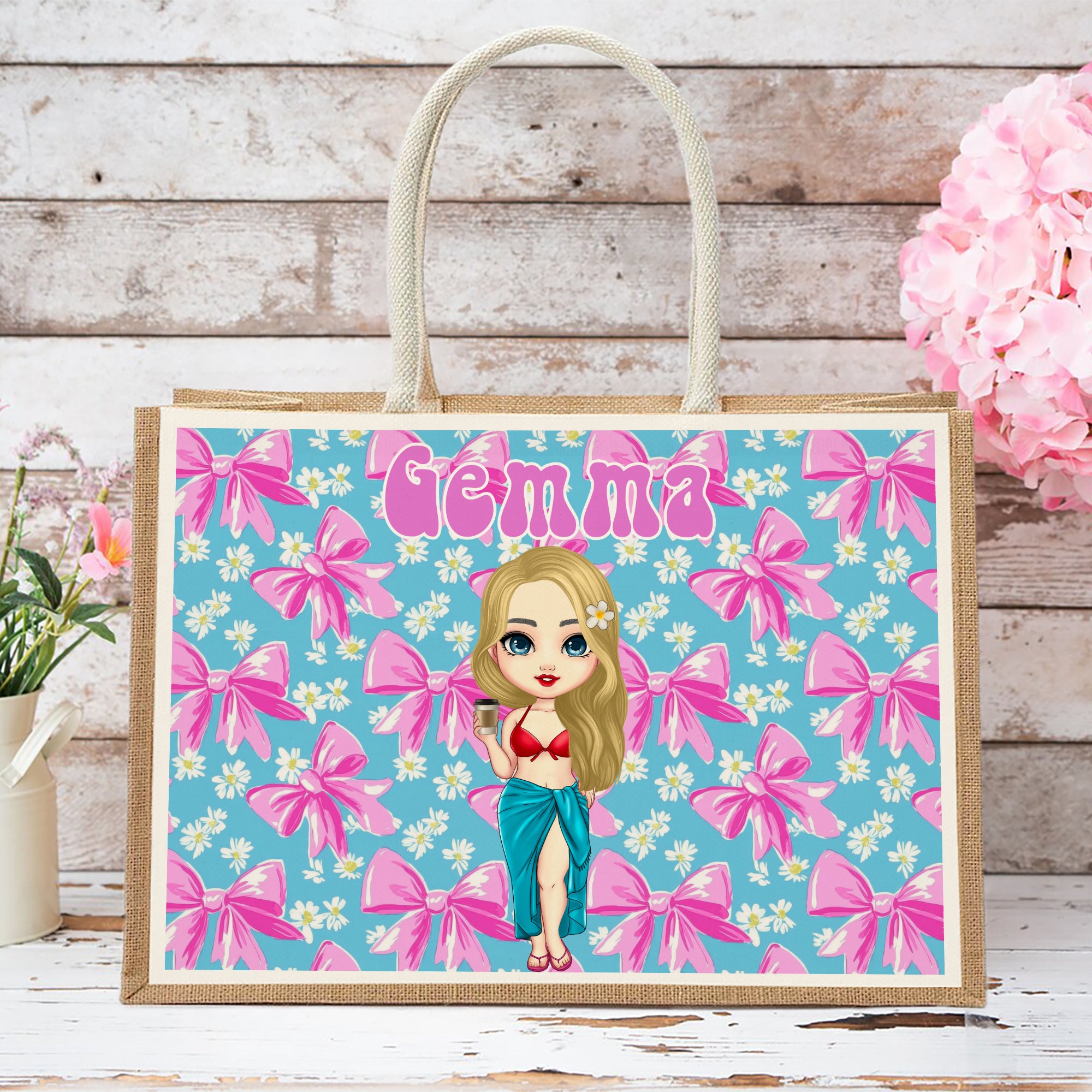 Personalizada Caricatura Flor y Lazo Bolsa de Yute Grande con Nombre Accesorios de Viaje Regalo de Cumpleaños Aniversario para Mujer