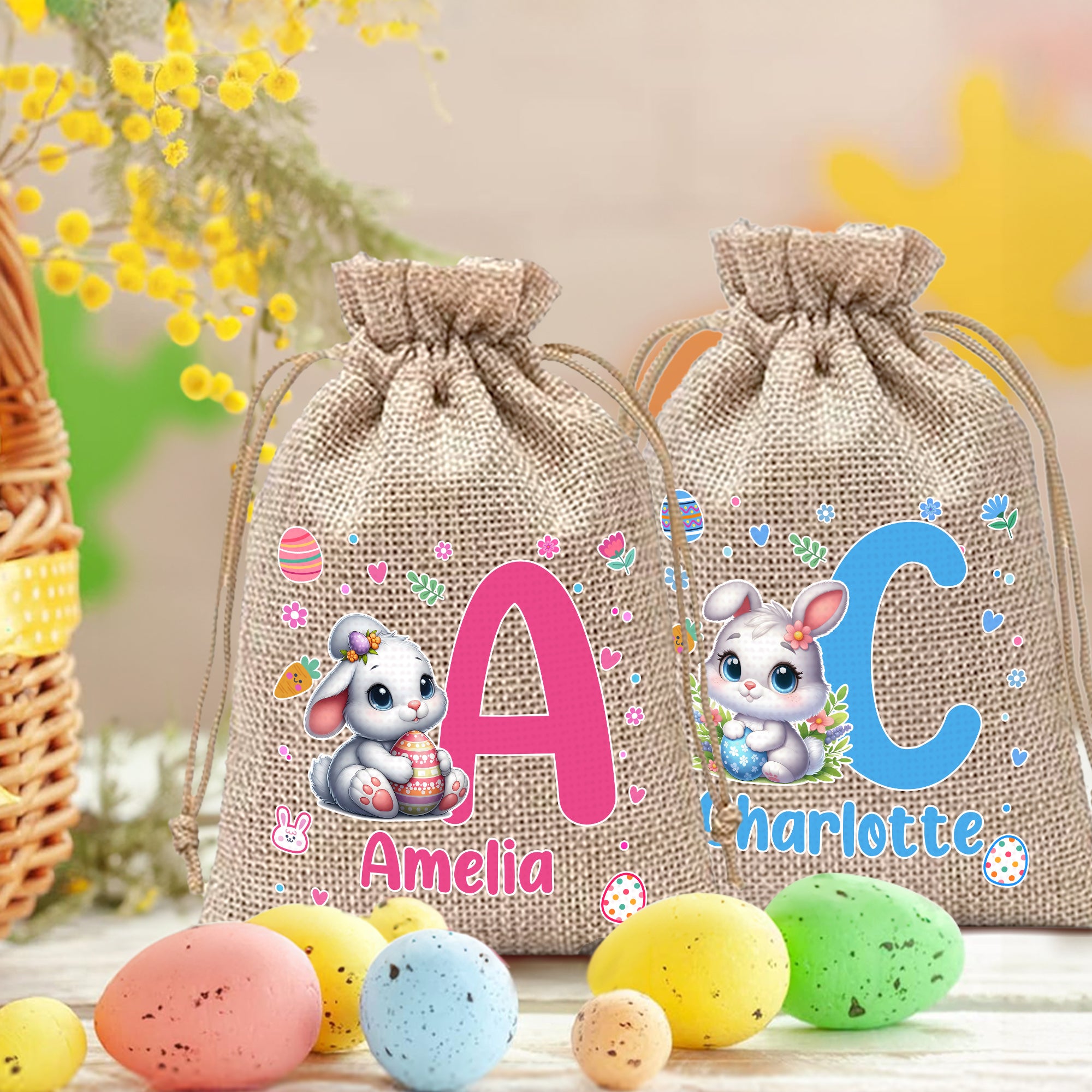 Conejito de Pascua de dibujos animados personalizado Huevo de Pascua Bolsa de caramelos con cordón con inicial y nombre Regalo de Pascua para niños Niñas