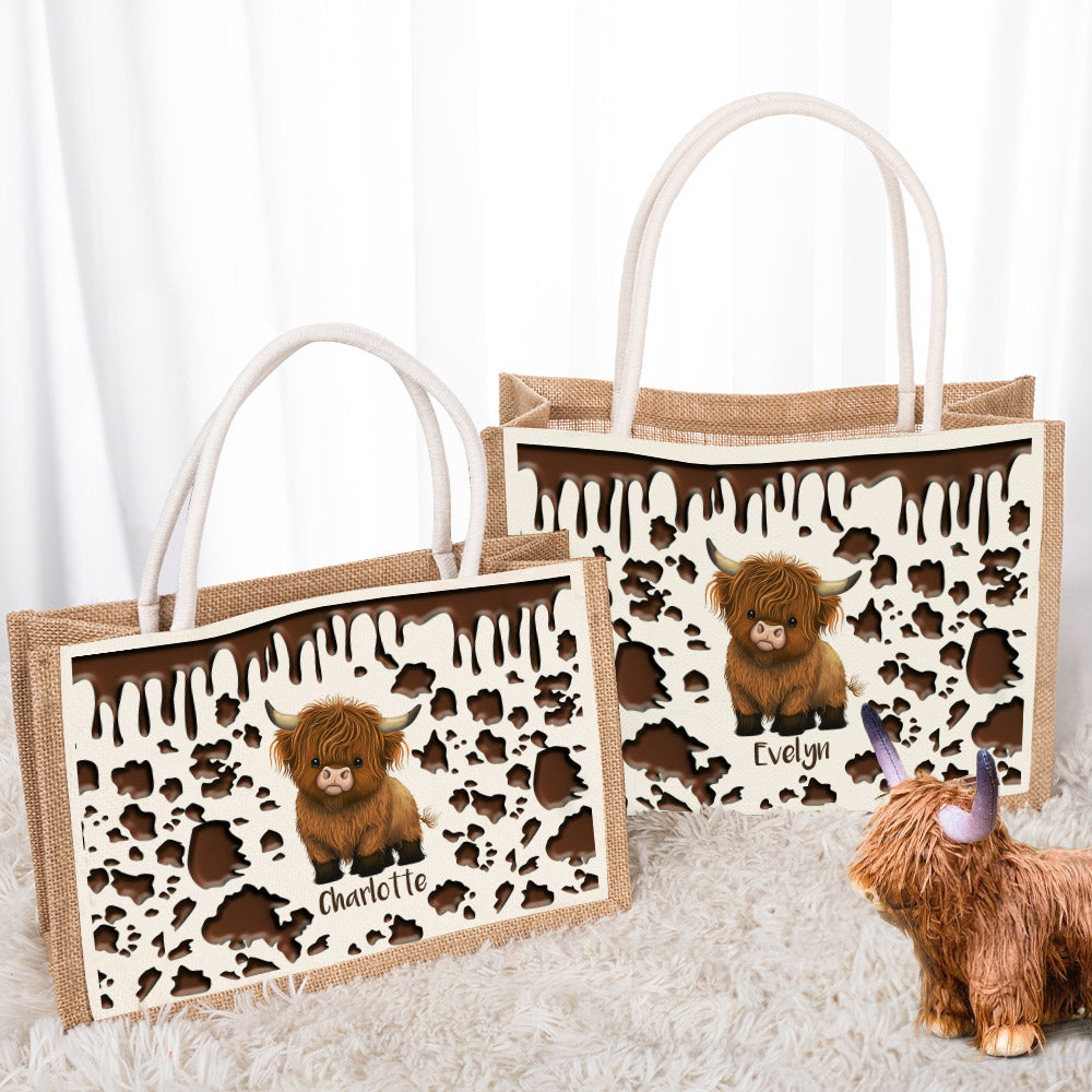 Vaca de las Highlands personalizada Bolsa de yute de gran capacidad con nombre Accesorios de viaje Regalo de cumpleaños Vacaciones para los amantes de las vacas de las Highlands