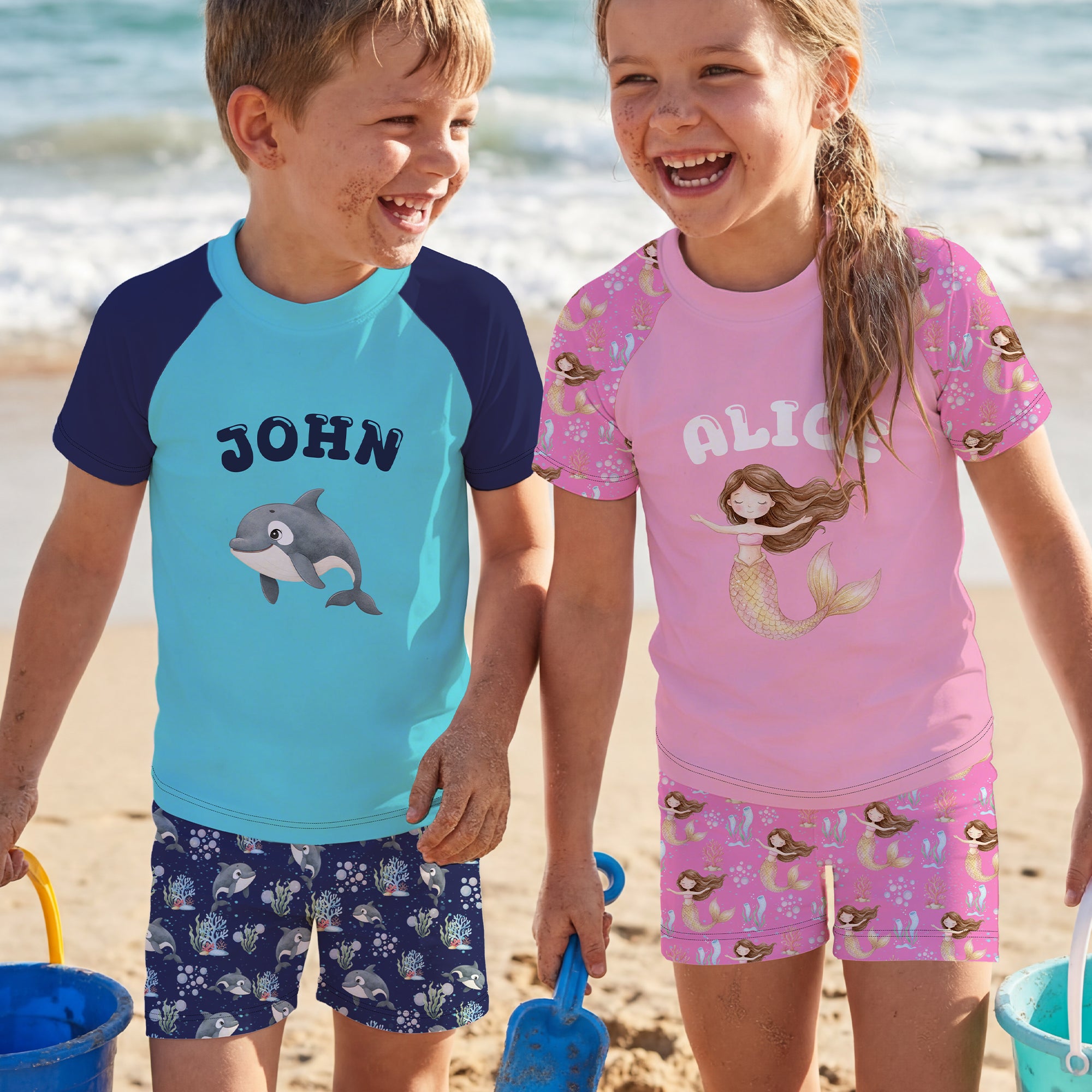 Traje de baño personalizado con nombre de sirena de dibujos animados de animales marinos Anti-UV para niños Piscina Verano Vacaciones Regalo para niños Niñas