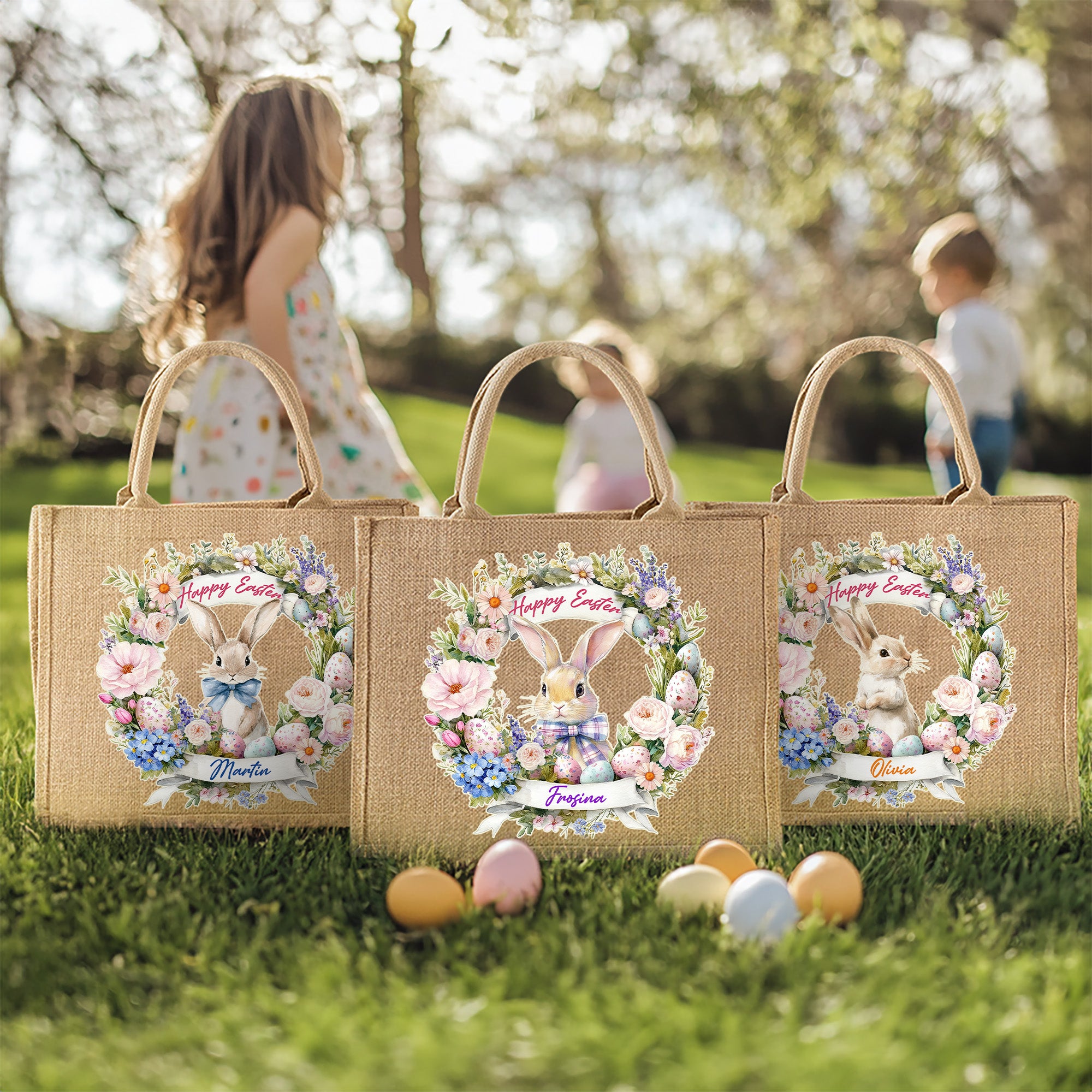 Conejito de Pascua con corona de flores personalizado Bolsa grande de yute con nombre Regalo de Pascua para niños Niñas
