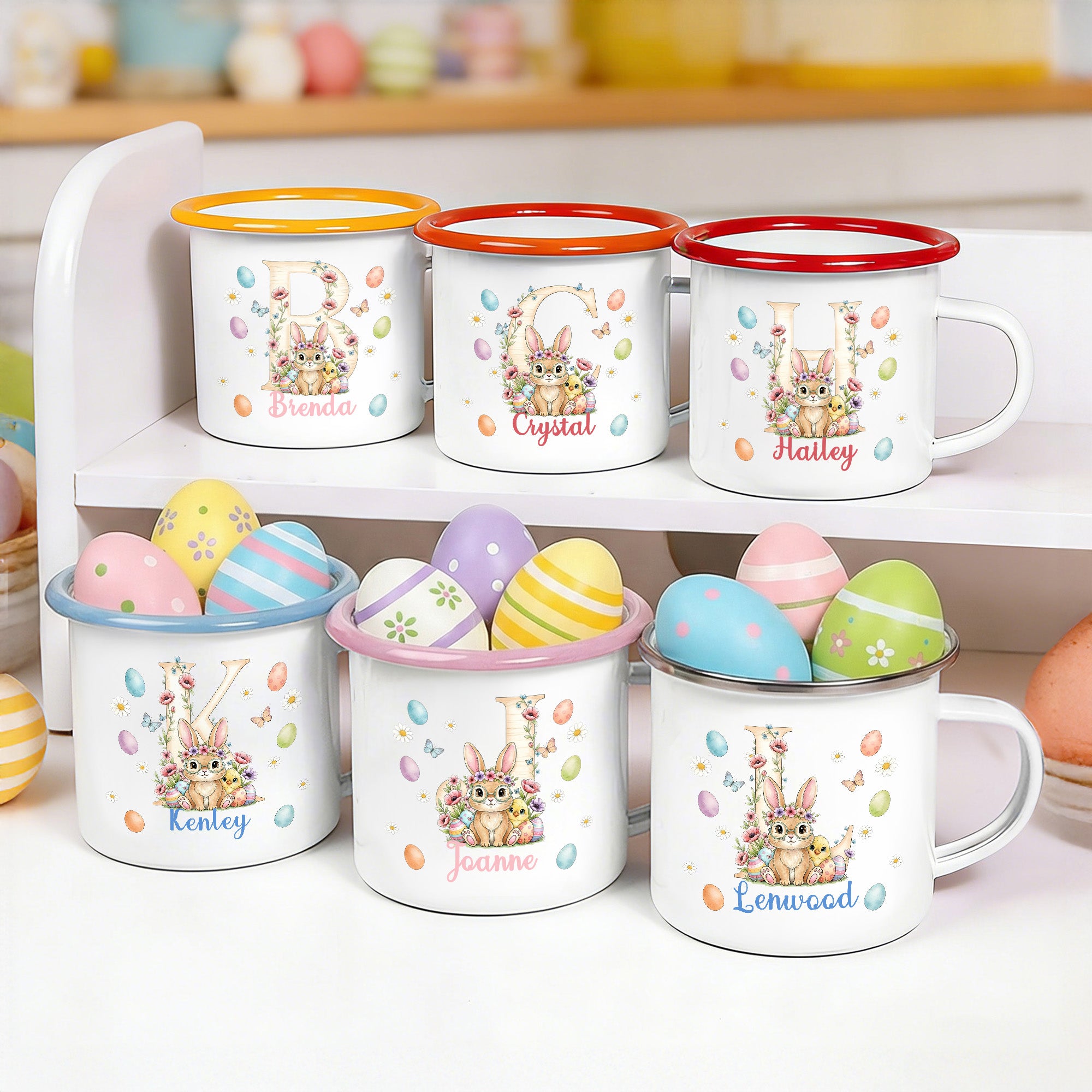 Taza esmaltada personalizada con el nombre y la inicial de un simpático conejo de Pascua Regalo diario de Pascua para niños