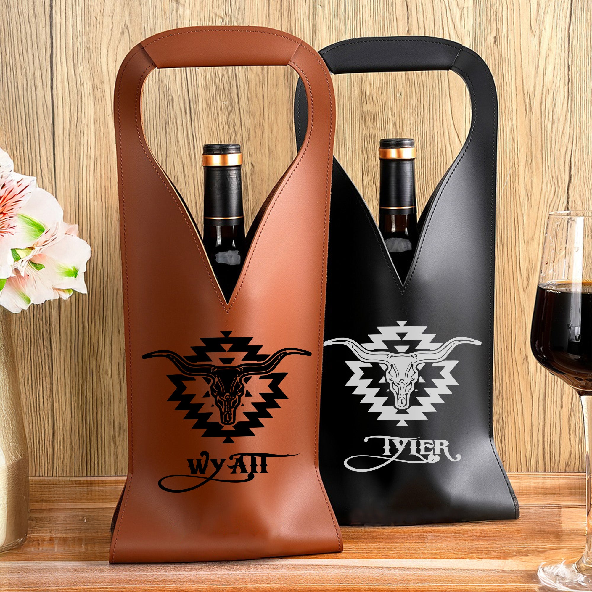 Personalizada occidental de la vaca del cráneo de cuero PU Bolsa de vino con el nombre de la manija de protección de vino Accesorios Aniversario de boda de regalo para el amante del vino