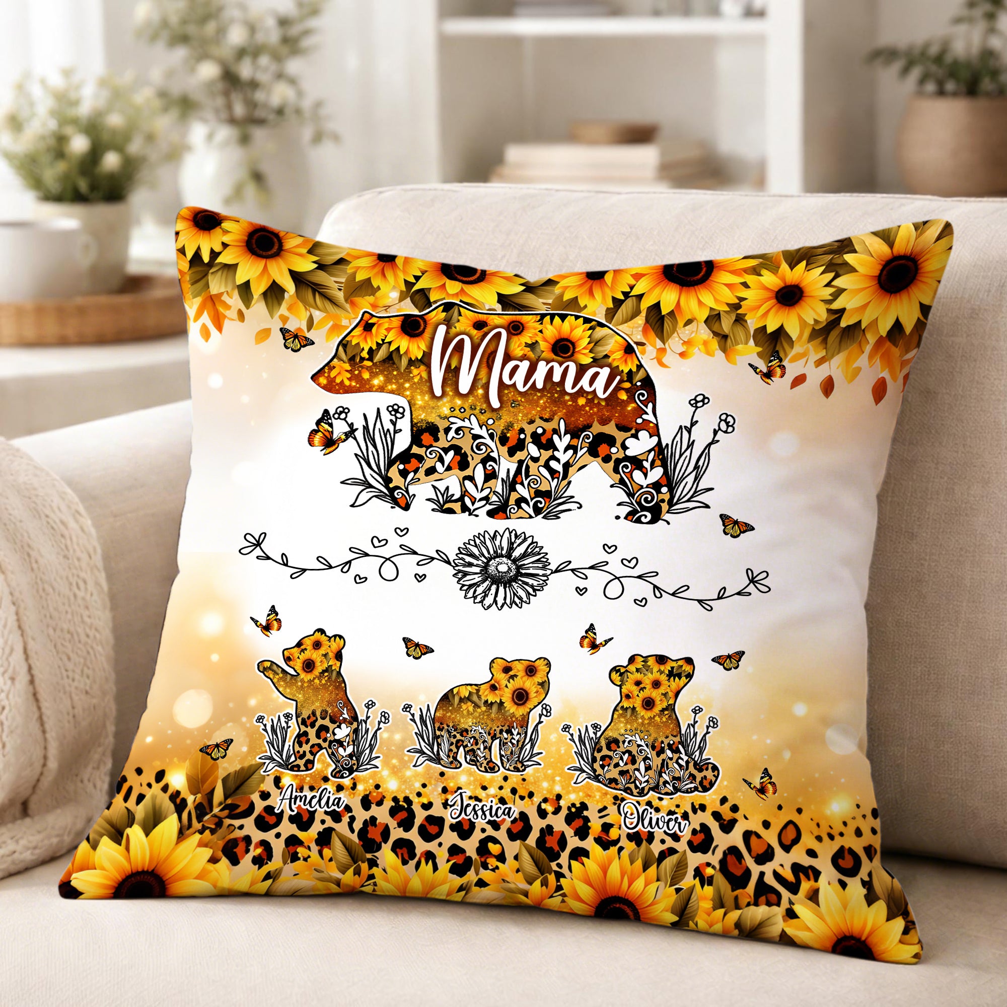 Personalizado Oso Mamá y 1-6 Bebé Osos Girasol Leopardo Impresión Suave Funda de Almohada con Nombres Decoración del Hogar Día de la Madre Regalo para Mamá