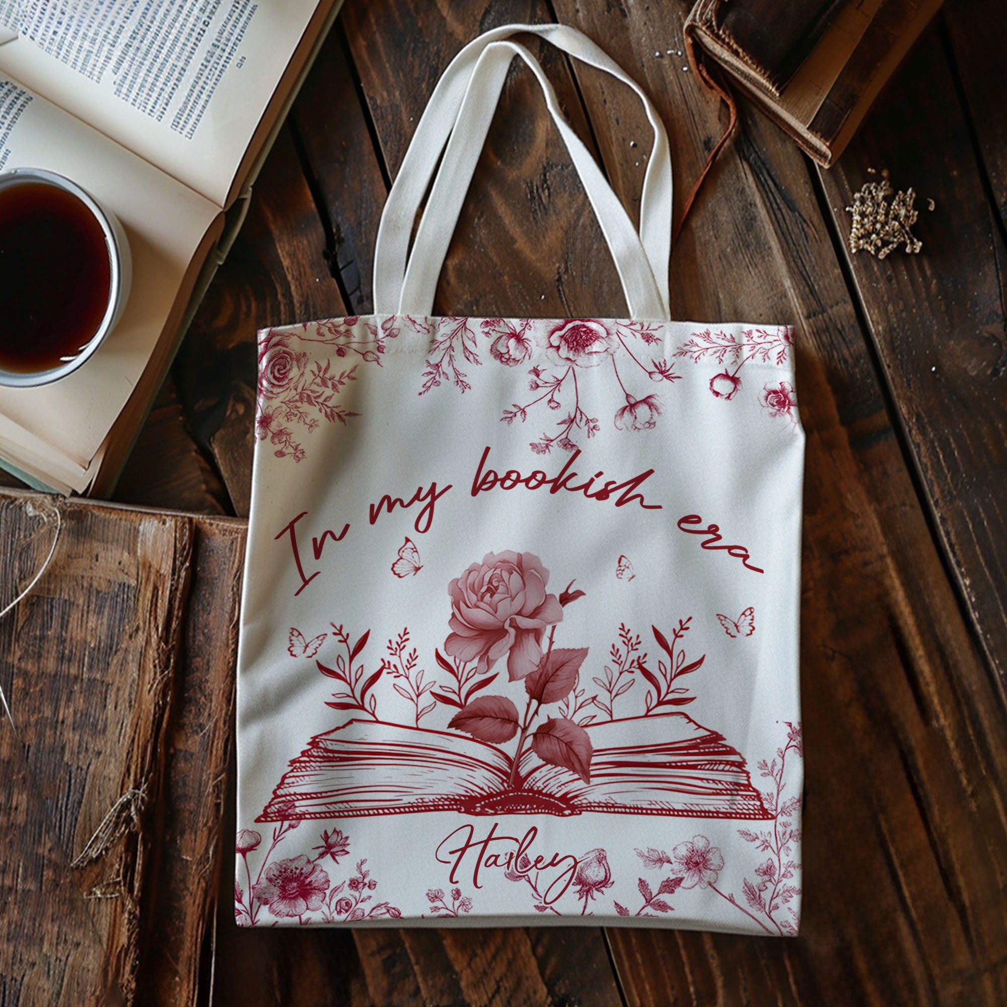 Personalizado En mi era de libros Diseño Toile De Jouy Flor de nacimiento Bolsa de lona con nombre Regalo de cumpleaños para amante de la lectura Ratón de biblioteca