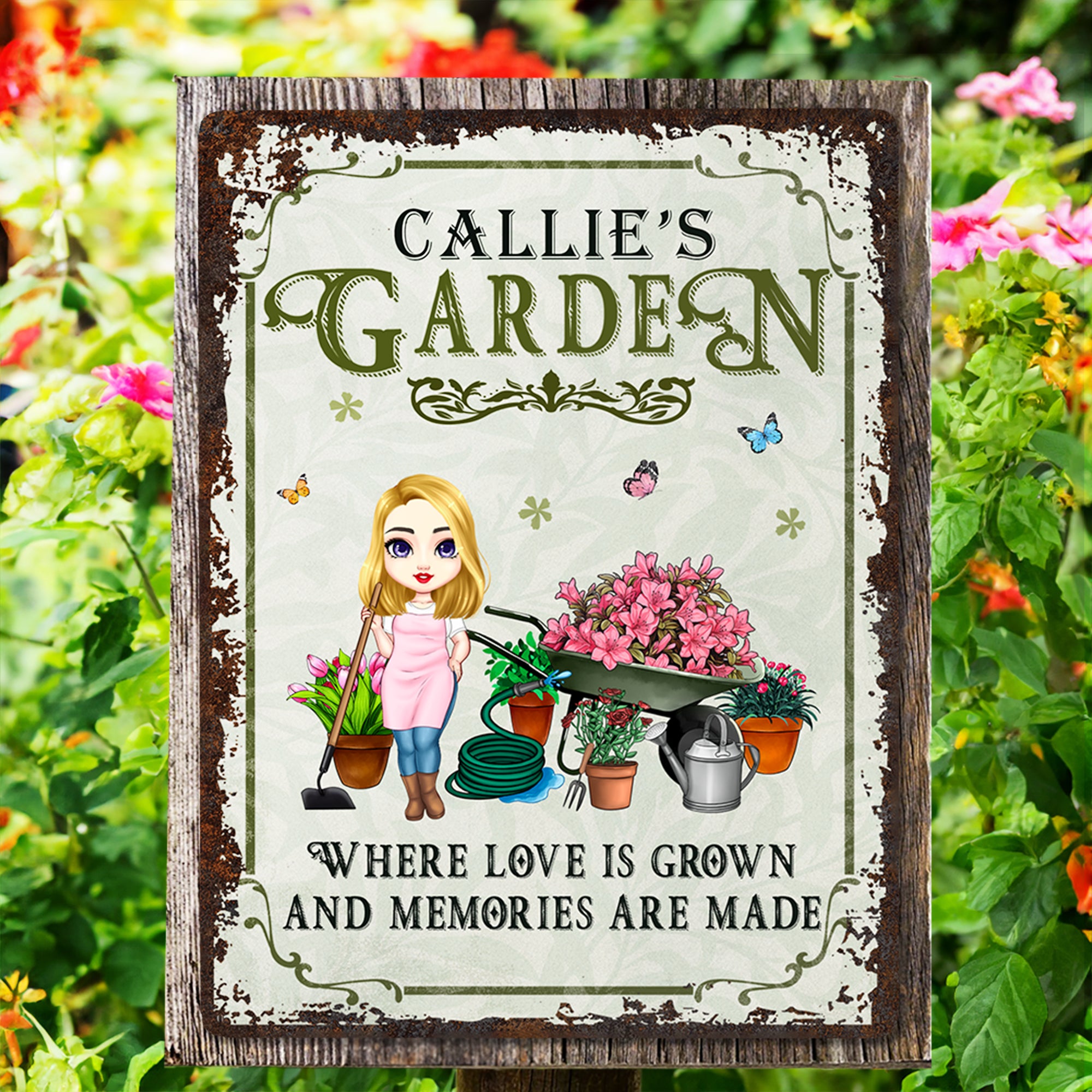 Personalizado Vintage Jardín Cartoon Personaje Metal Signo con Nombre Jardín Decoración Housewarming Cumpleaños Regalo para la abuela mamá Jardinería Amantes