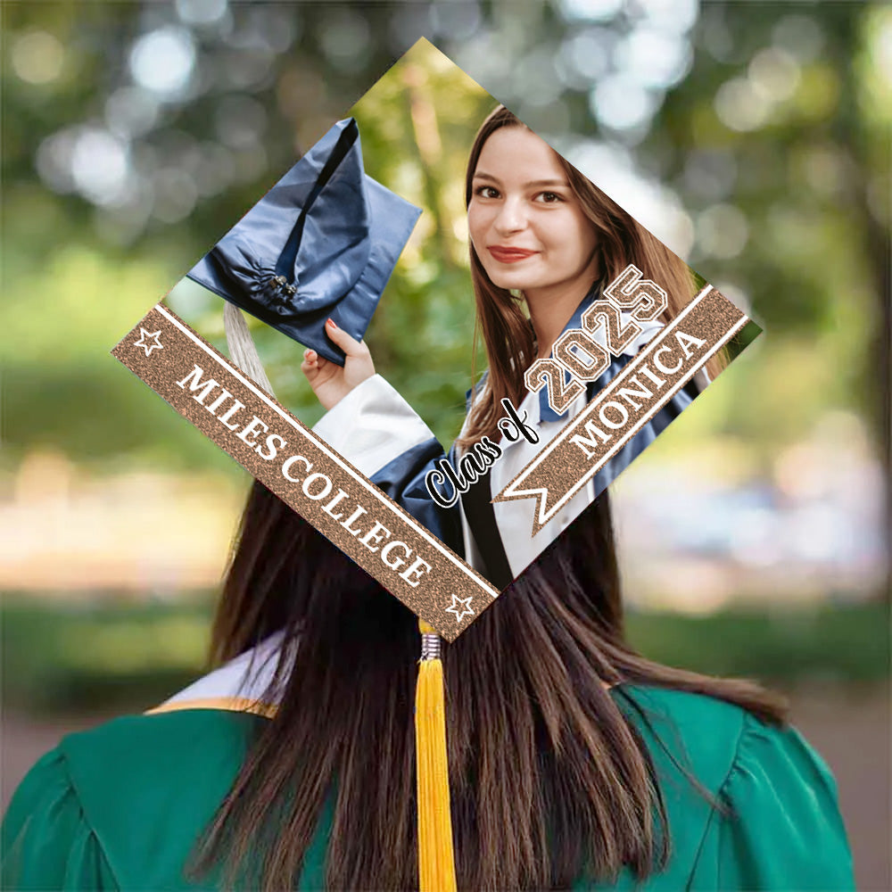 Brillo personalizado Clase de 2025 Graduación Cap Topper con Nombre y Foto Graduación Decoración Regalo para Graduados Amigos Compañeros de clase