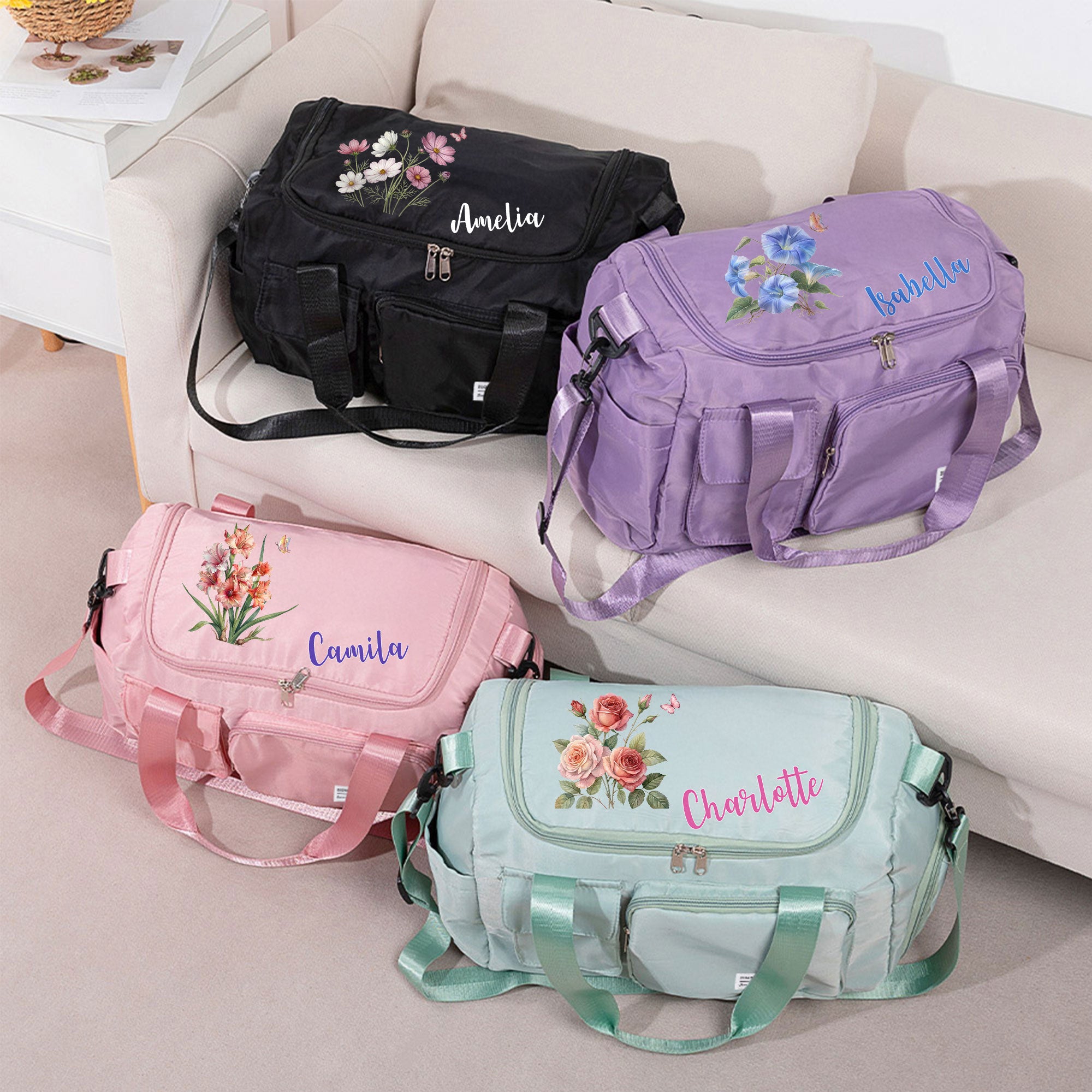 Bolsa de viaje grande personalizada con nombre y correa para el hombro Flor de nacimiento Regalo de cumpleaños de viaje para mujer