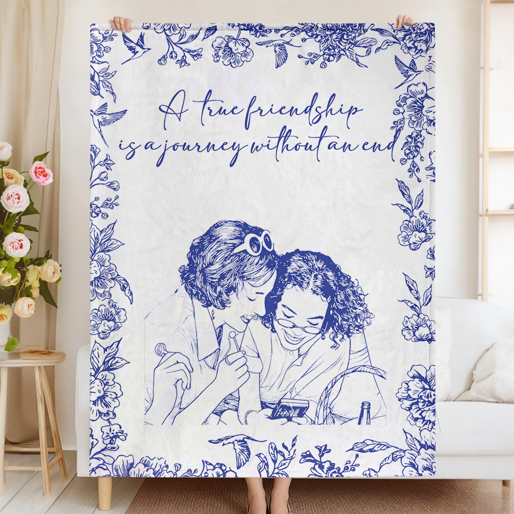 Personalizada Vintage Foral Retrato Foto Amistad Suave manta con texto Decoración para el hogar Cumpleaños Regalo para amigos de la familia
