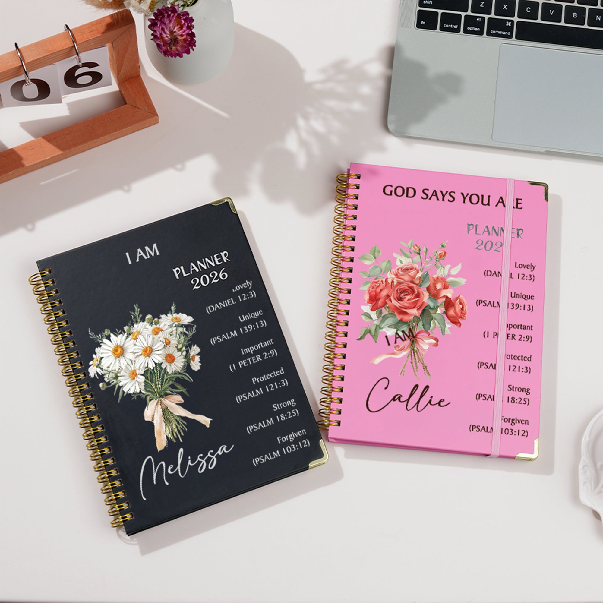 Ramo de flores personalizado Versículo de la Biblia Planificador 2026 Espiral A5 Cuaderno con páginas de planificación semanal mensual Cumpleaños Regalo religioso para cristiano