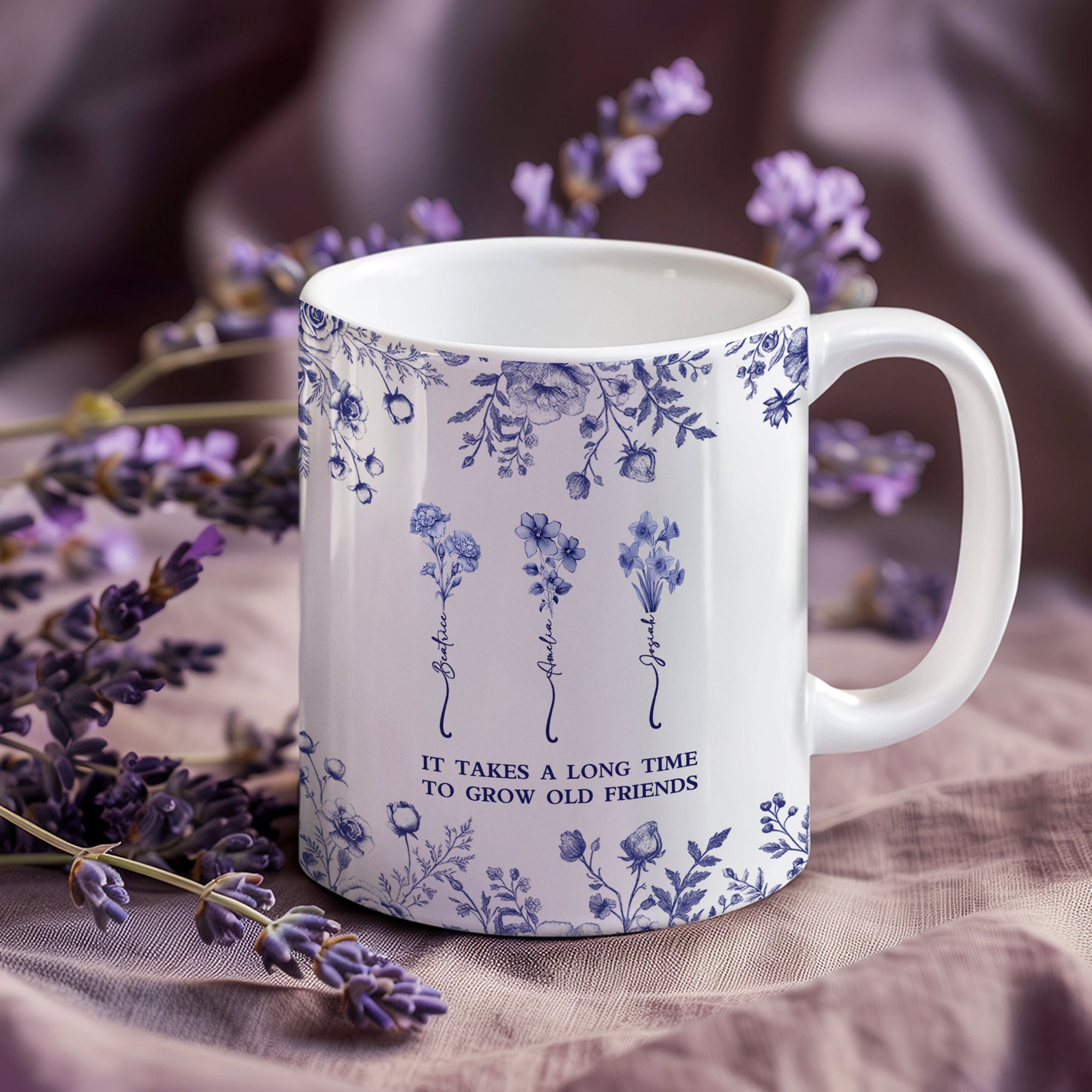 Personalizada Toile De Jouy Diseño Nacimiento Flor Amistad 11 oz Taza de cerámica con nombre y texto Día de Acción de Gracias Cumpleaños Regalo para las mujeres