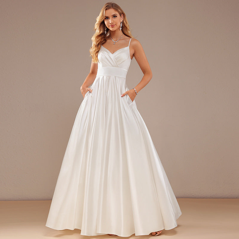 Bridal Wedding Dress Ivory Spaghetti Straps Long V-Neck Ball-Gown Princess Satin