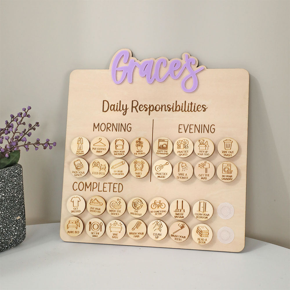 Nombre personalizado Responsabilidades diarias Tabla de tareas con gancho y bucle y Token diario interactivo decoración de la habitación regalo de cumpleaños para los niños padres