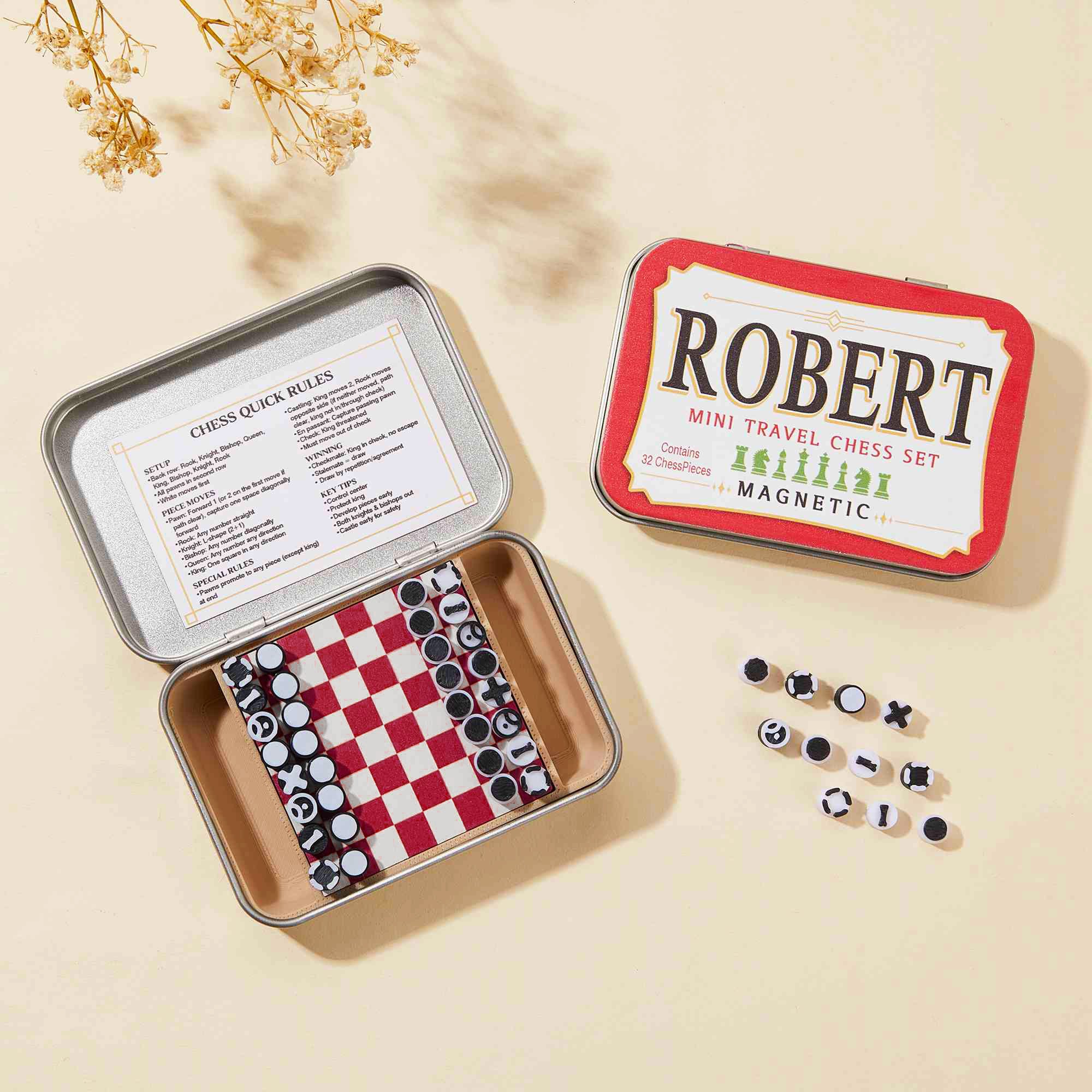 Mini tablero de ajedrez de viaje magnético personalizado con nombre Pequeño juego de bolsillo portátil Regalo de cumpleaños de camping para los amantes del ajedrez