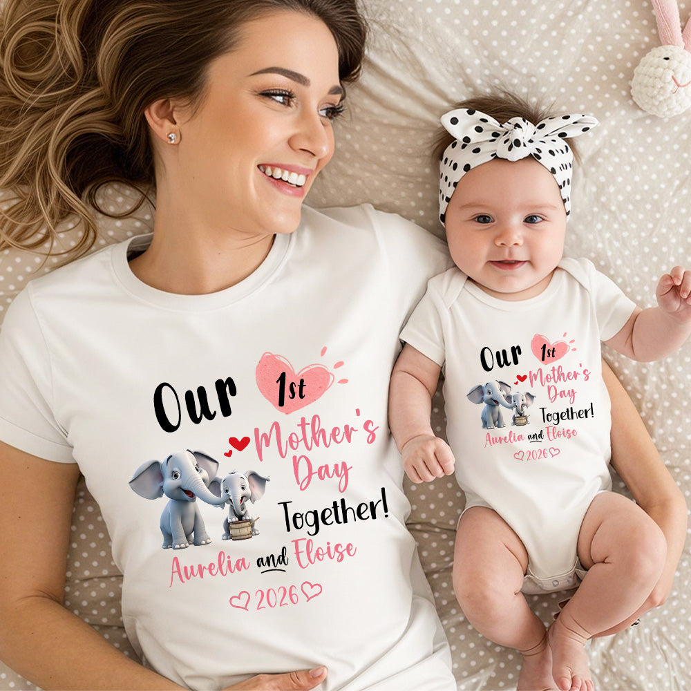 Personalizado Nuestro Primer Día de la Madre Juntos Lindo Elefante 100% Algodón Body de Bebé Camiseta de Adulto con Nombre Regalo de Cumpleaños para Bebé Recién Nacido Mamá